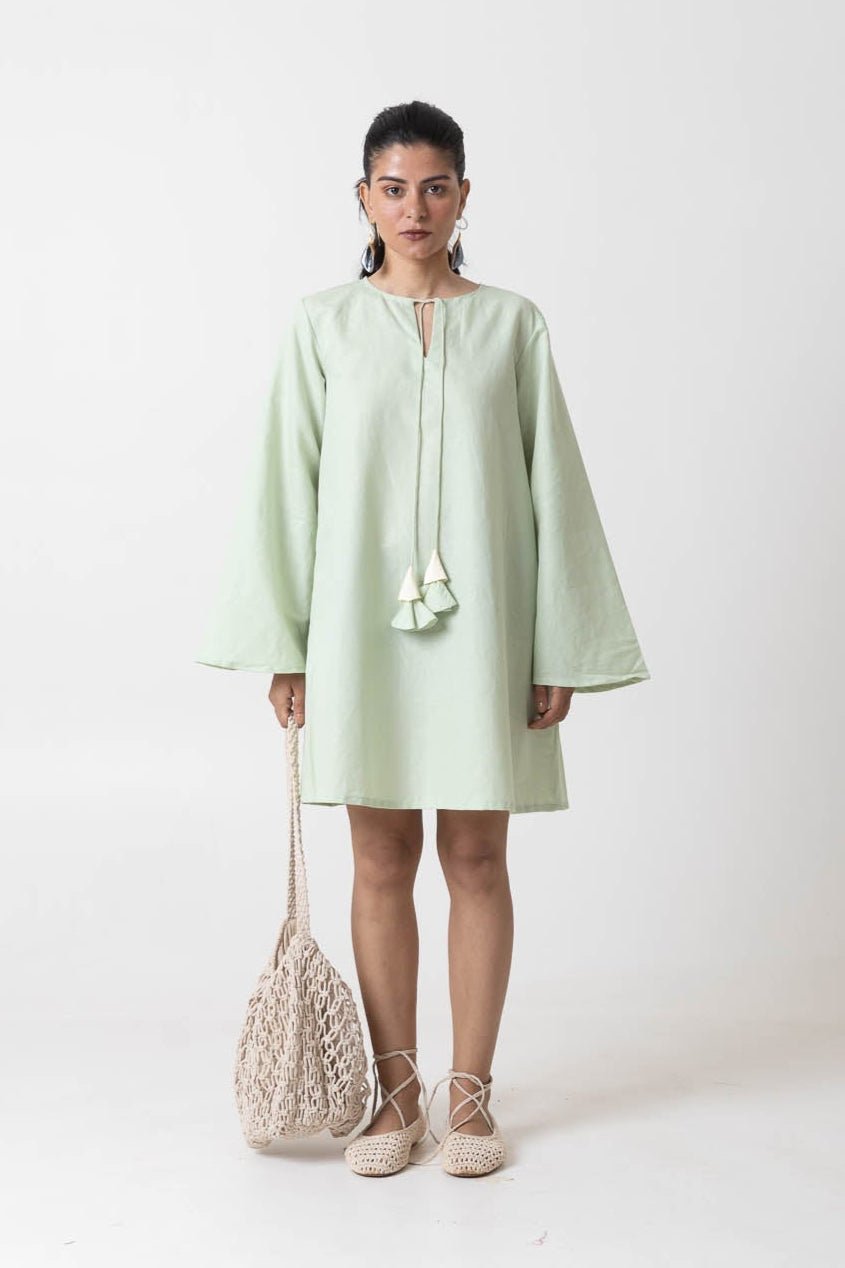 Green Cotton-Linen A-Line Mini Dress with Tie-Up Neck