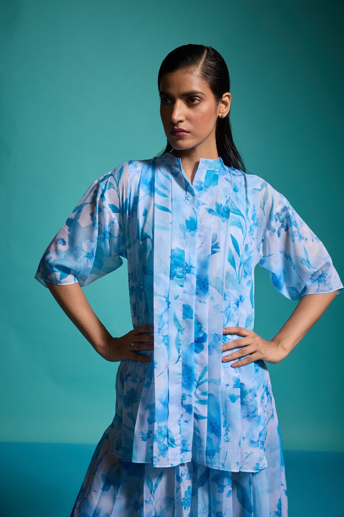 Tonal Blue Floral Printed Pleat Shirt Top