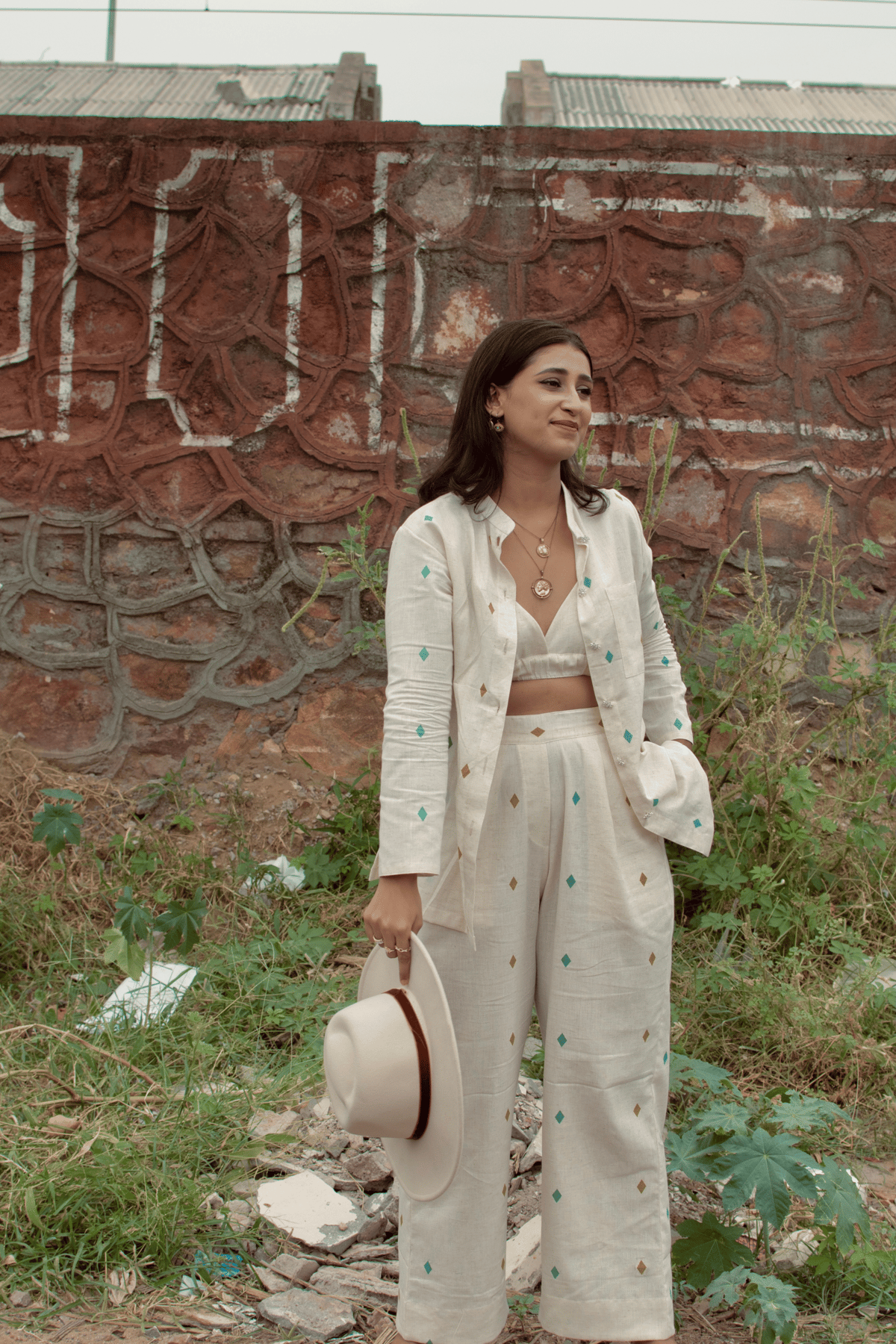White Printed Shirt, Bralette and Wide-Leg Pants Co-ord Set