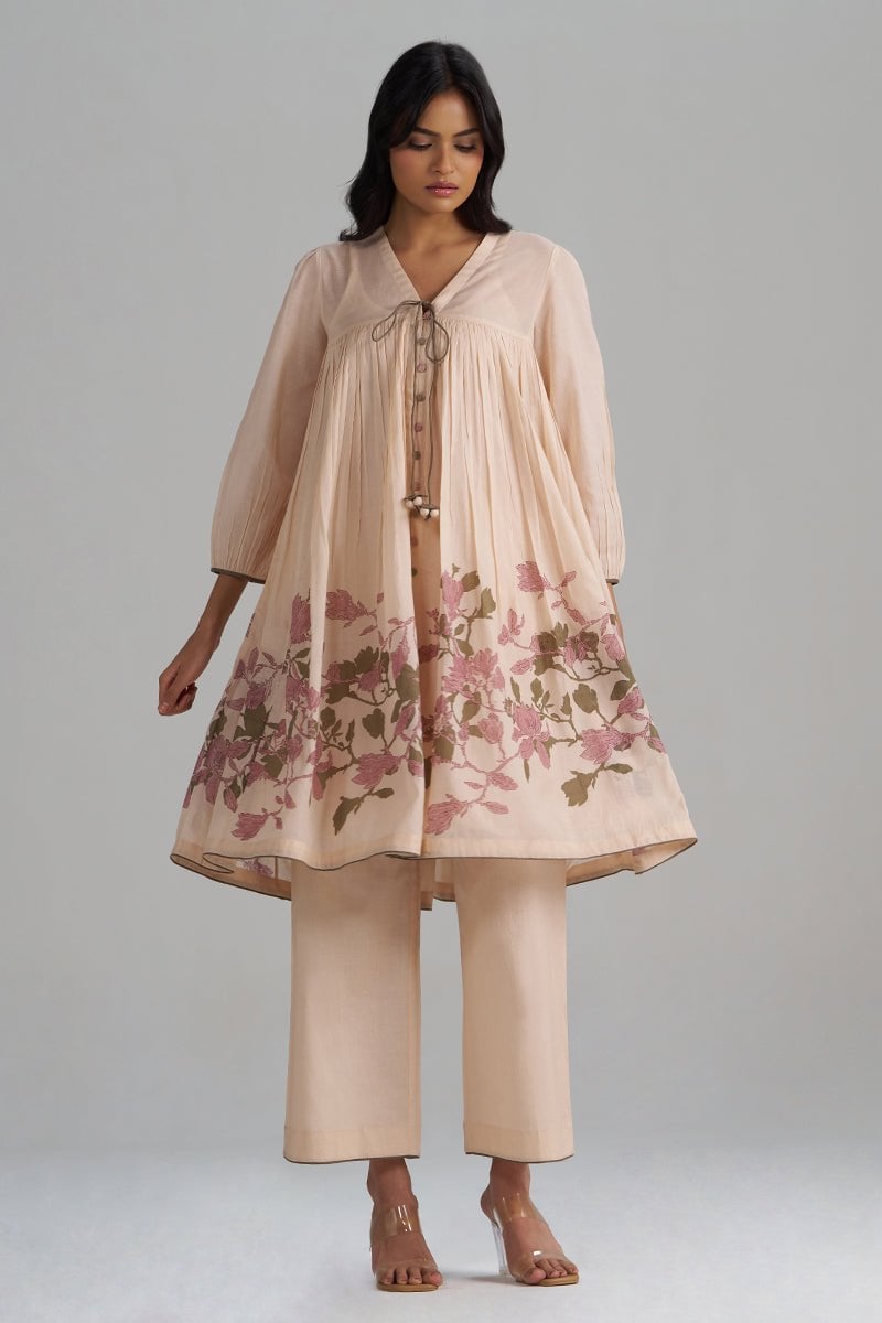 Baby Peach Mul-Mul Floral Kurta and Pant Co-ord Set