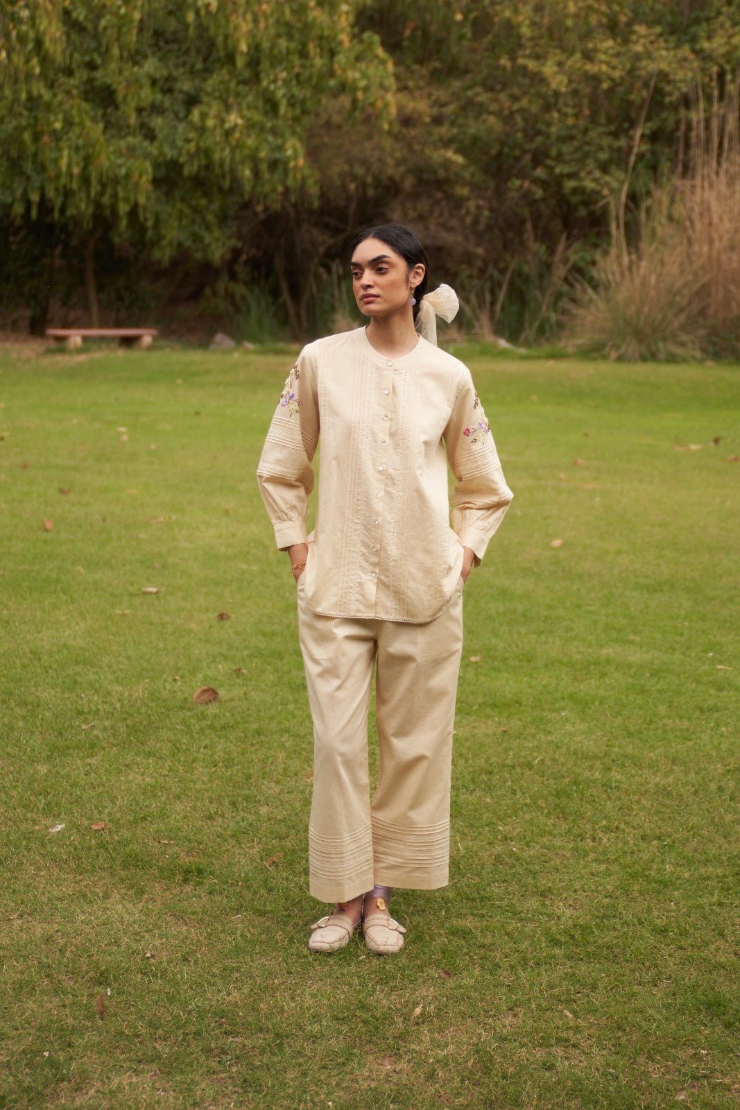 Beige Applique Shirt and Wide-Leg Pants Co-ord Set