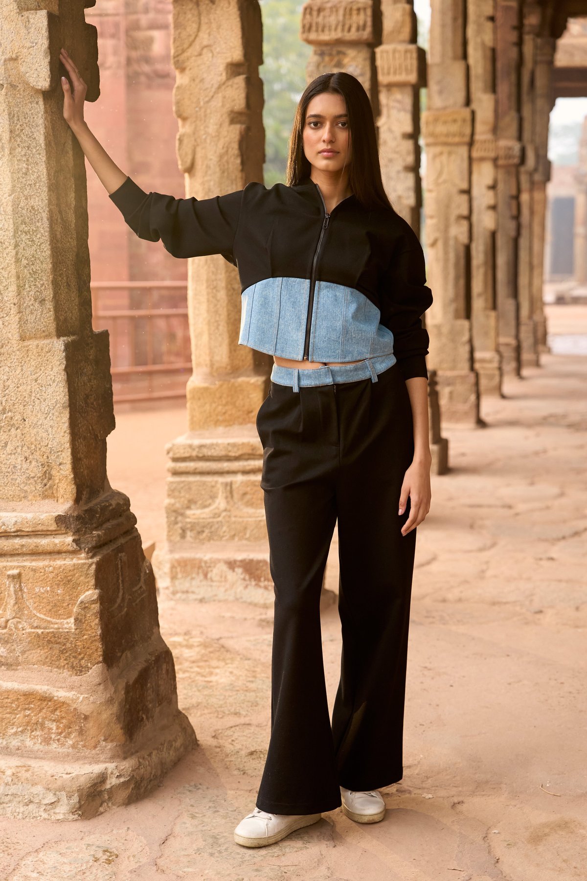 Black Wide-Leg Ponte Knit Trousers with Denim Waistband