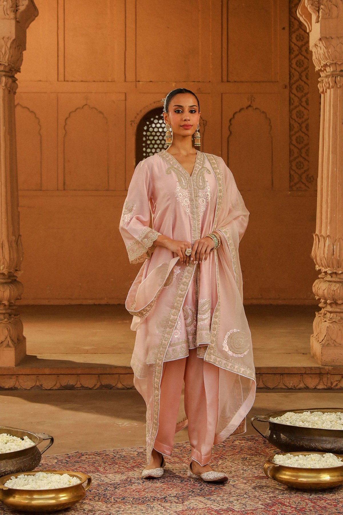 Blush Pink Short Anarkali Suit Set with Embroidered Dupatta