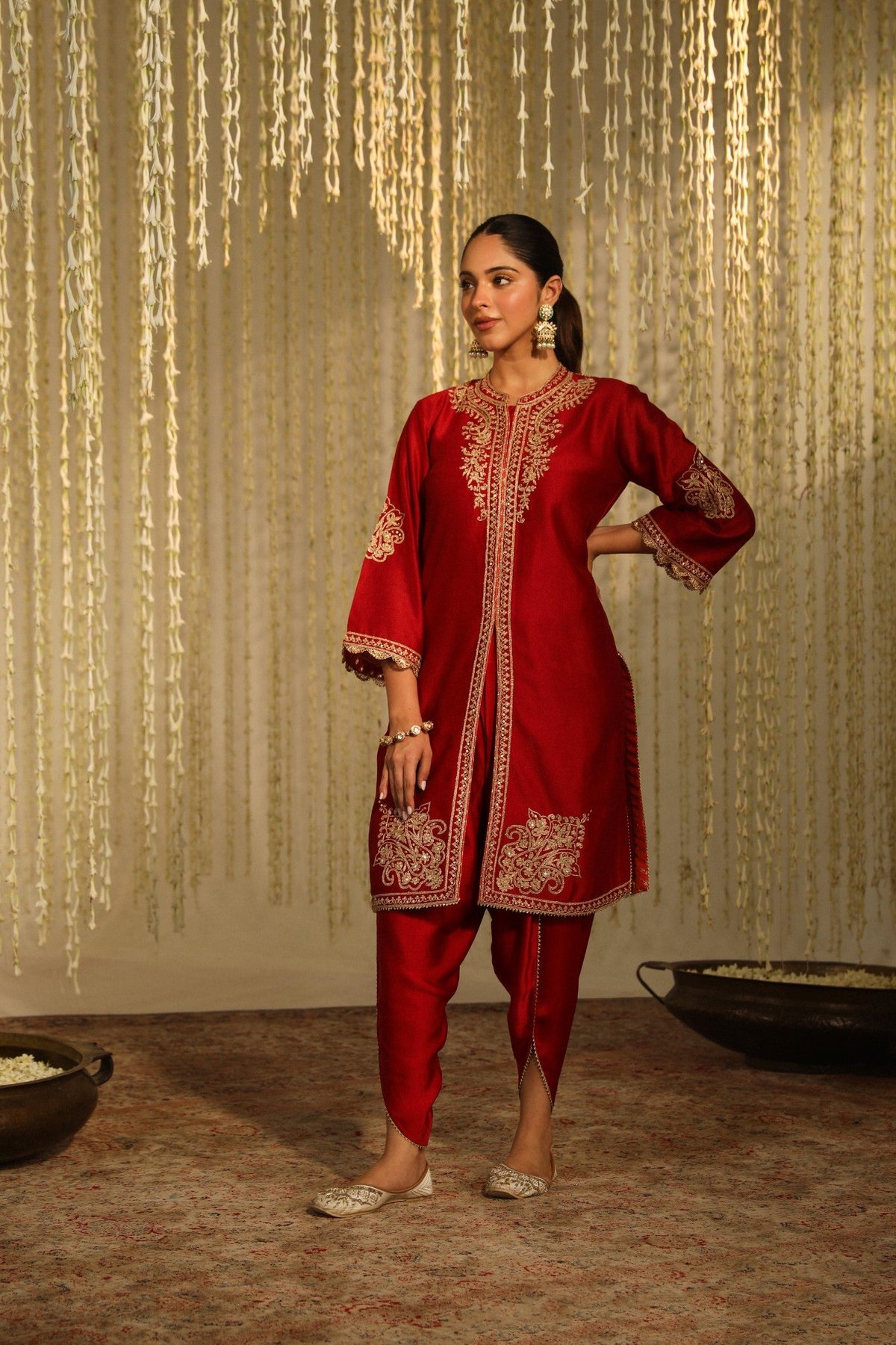 Deep Red Embroidered Short Kurta and Dhoti Set