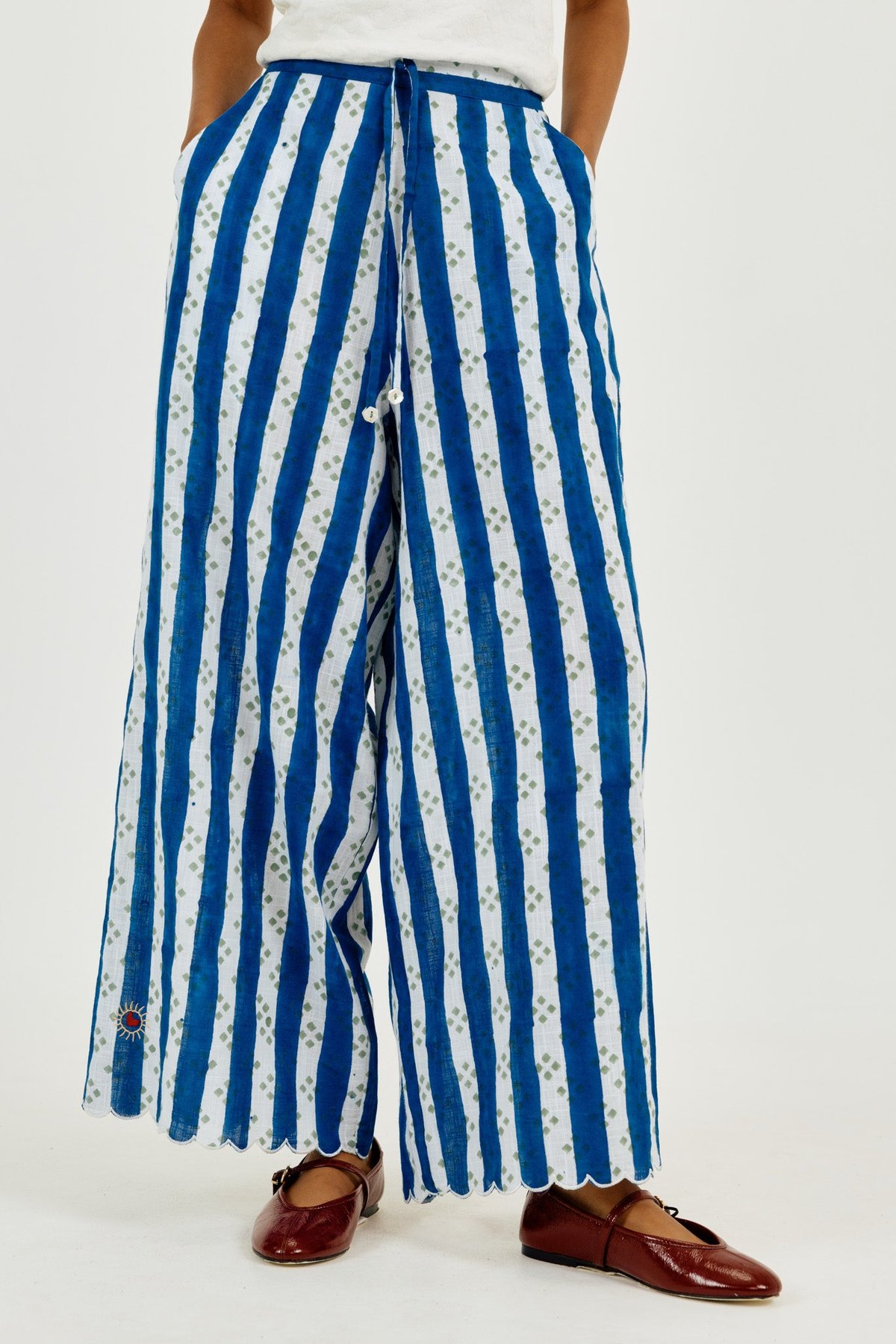 Blue and White Wide-Leg Stripe Cotton Slub Trousers