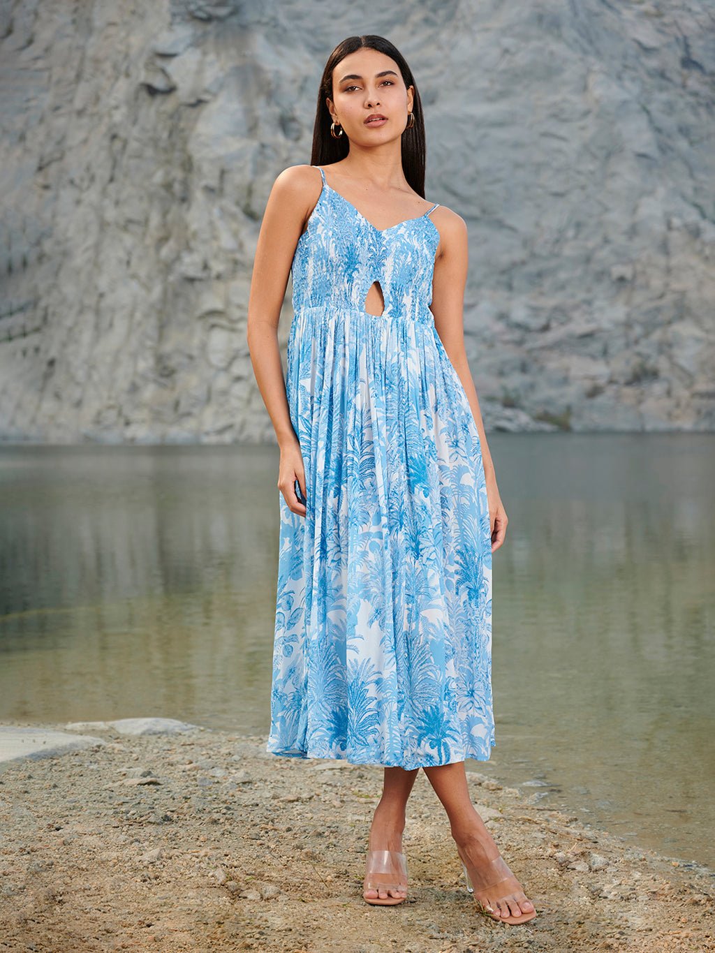 Blue Printed Fit and Flare Midi Dress