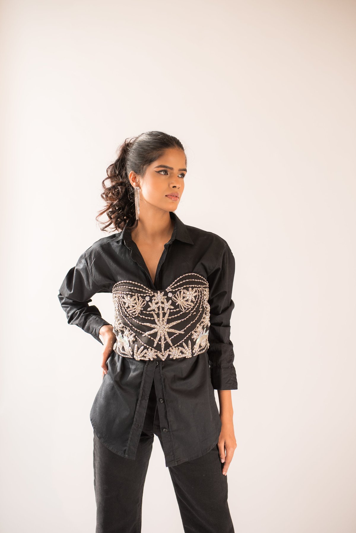 Black Hand-Embellished Strapless Cropped Bustier Top