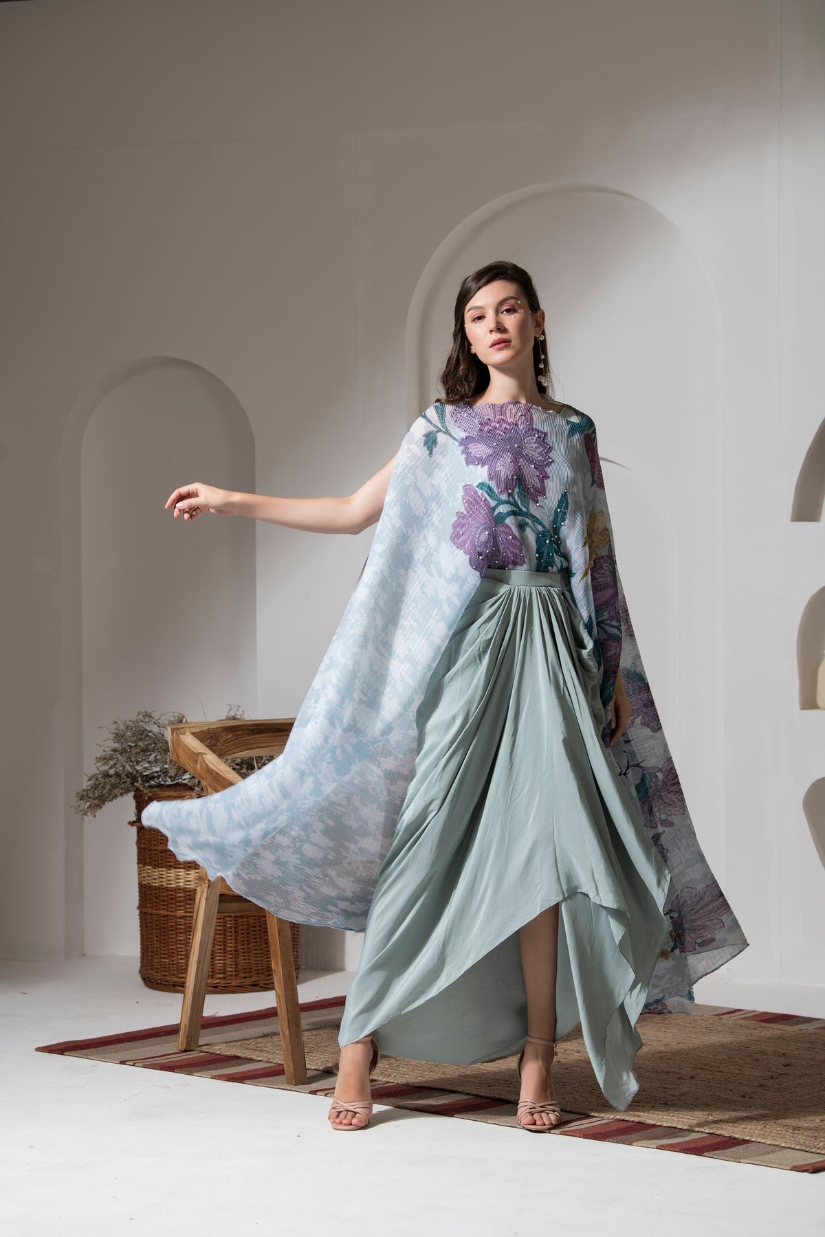 Blue Floral Kaftan and Dhoti Co-ord Set
