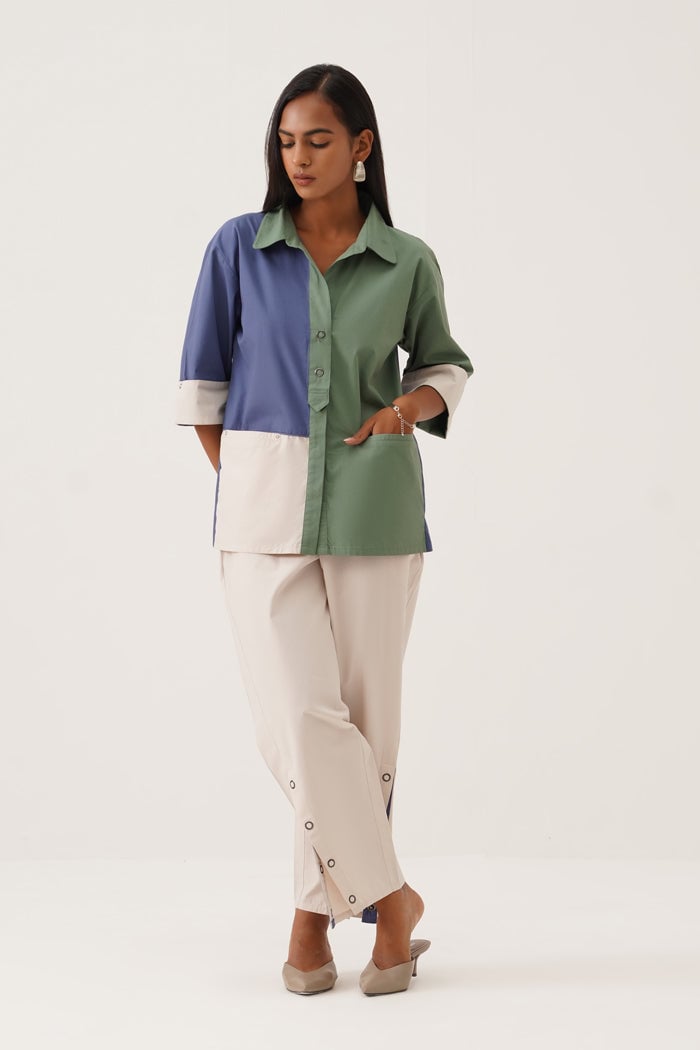 Colorblocked Cotton Poplin Shirt and Pants Co-ord Set