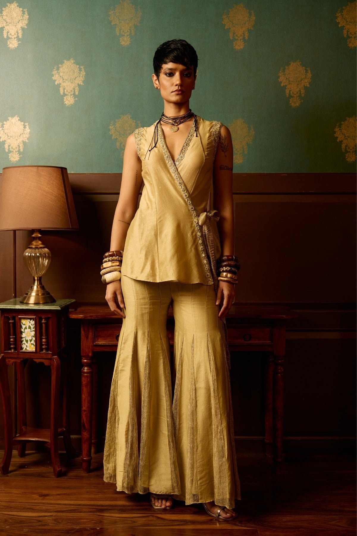 Sage Green Silk Chanderi Wrap Peplum and Garara Set