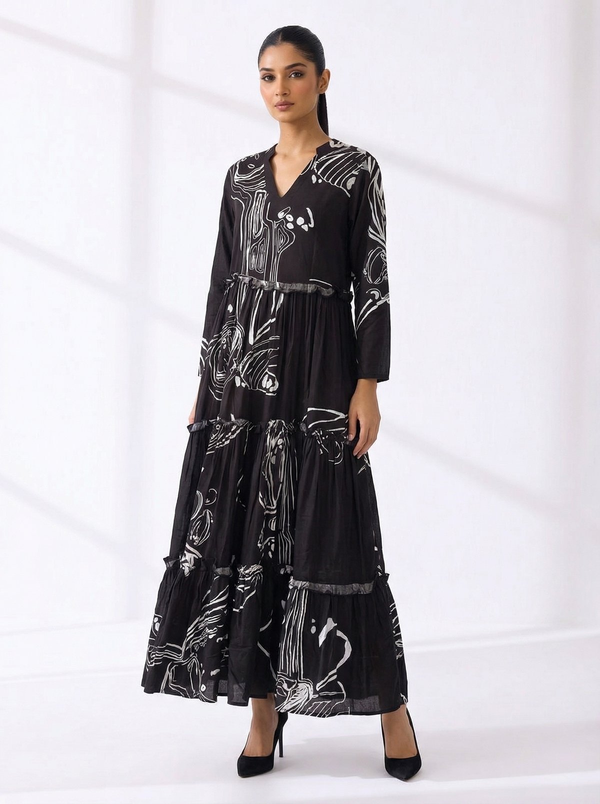 Black Abstract Printed Tiered Maxi Dress