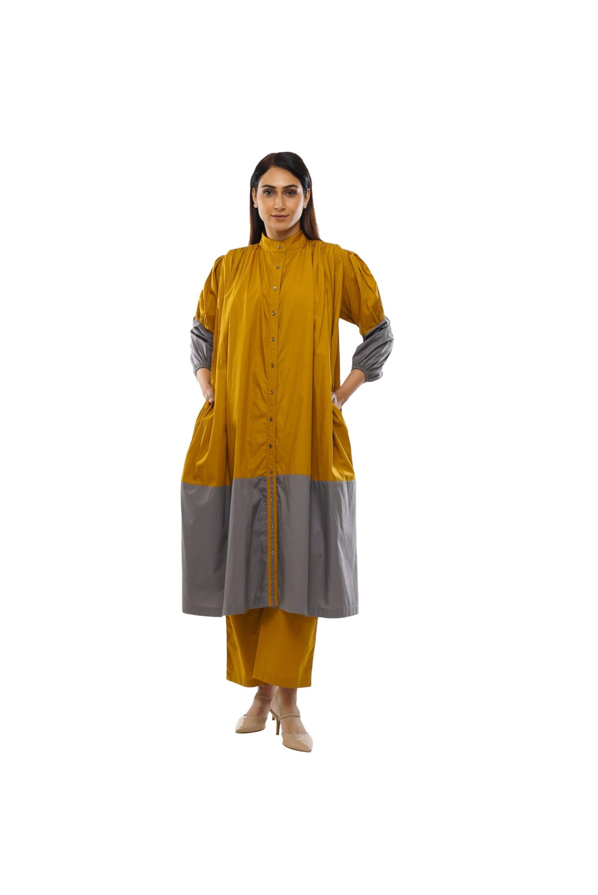 Mustard and Grey Colorblocked Midi Shirt Dress
