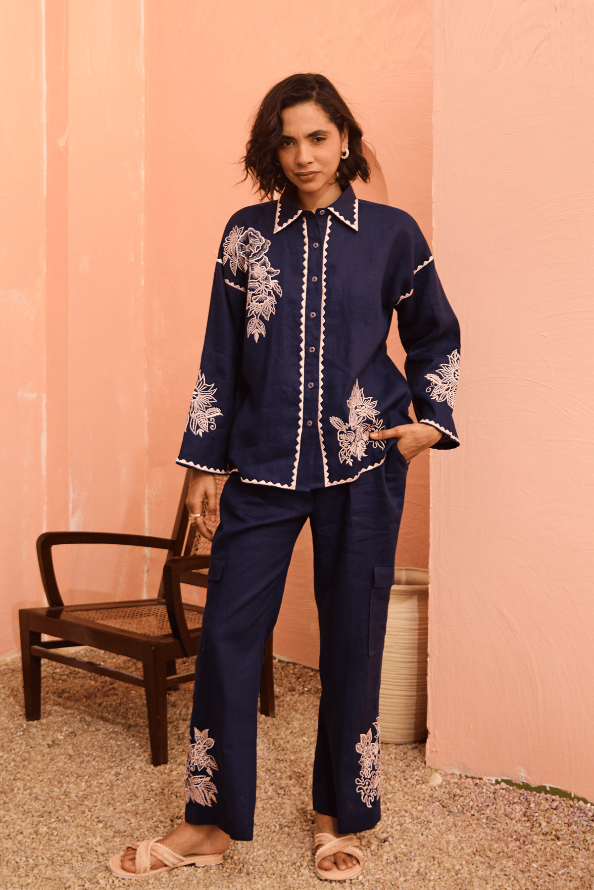 Navy Linen Embroidered Shirt and Flared Pants Co-ord Set