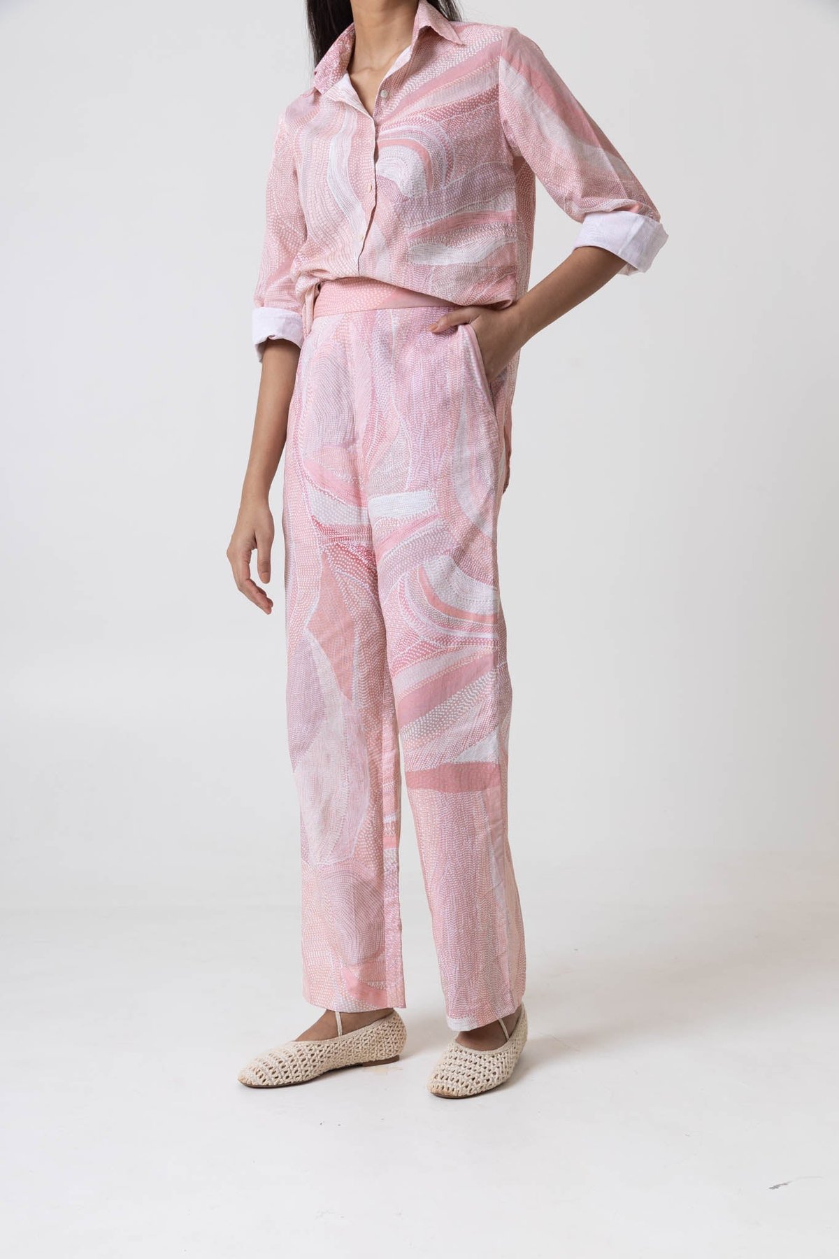 Pink Peach Abstract Printed Shirt and Trouser Co-ord Set
