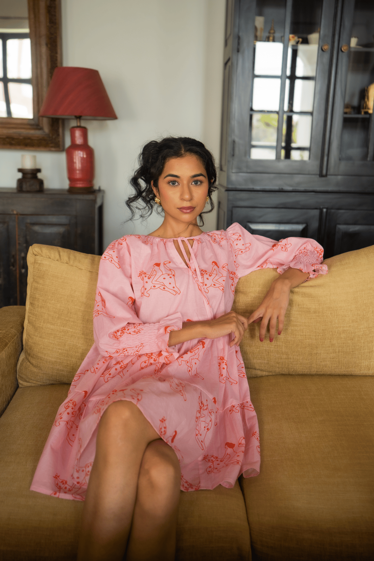 Pastel Pink Printed Tiered Mini Dress with Smocked Sleeves