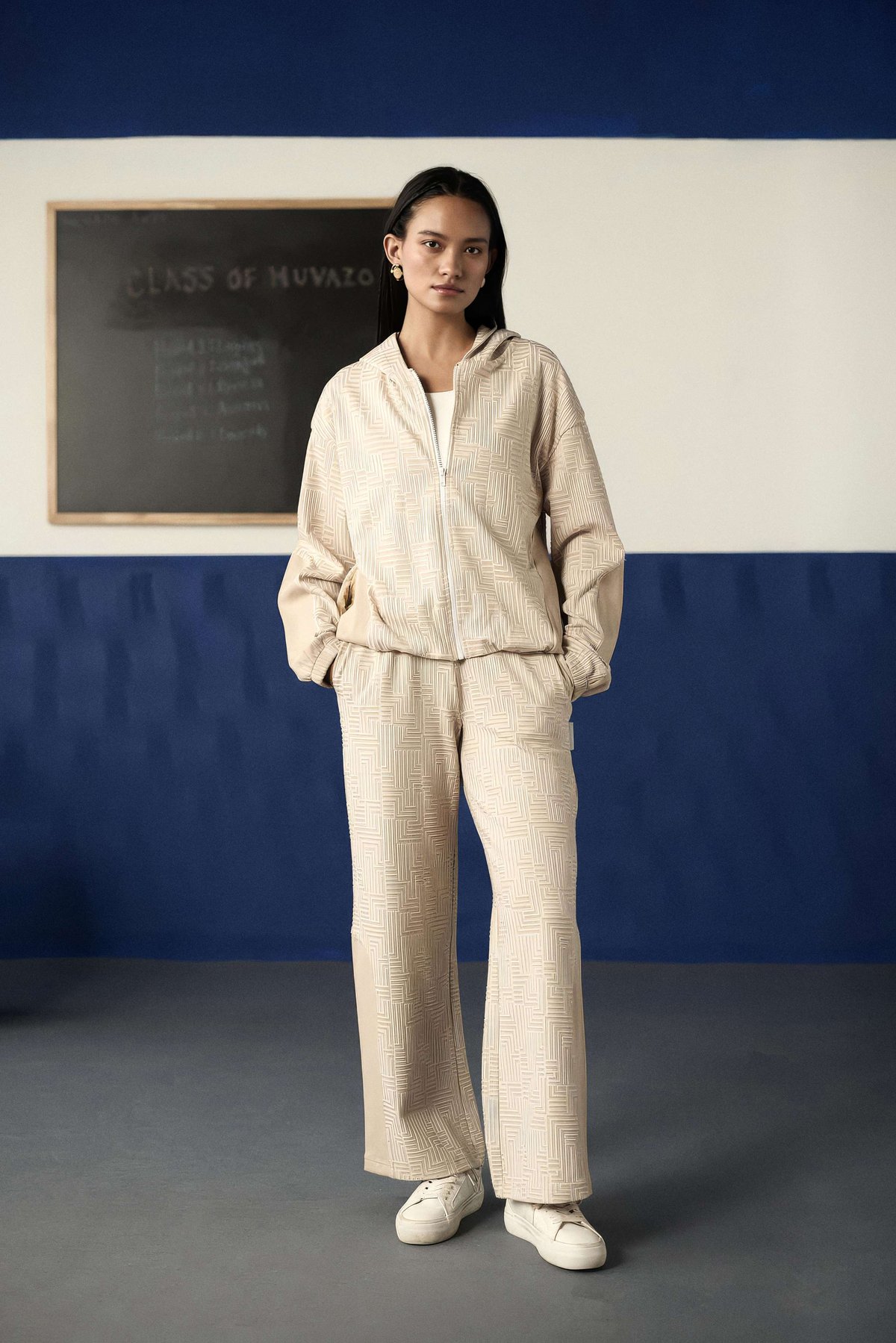 Buttermilk Jacquard Hoodie Zip and Wide-Leg Co-ord Set