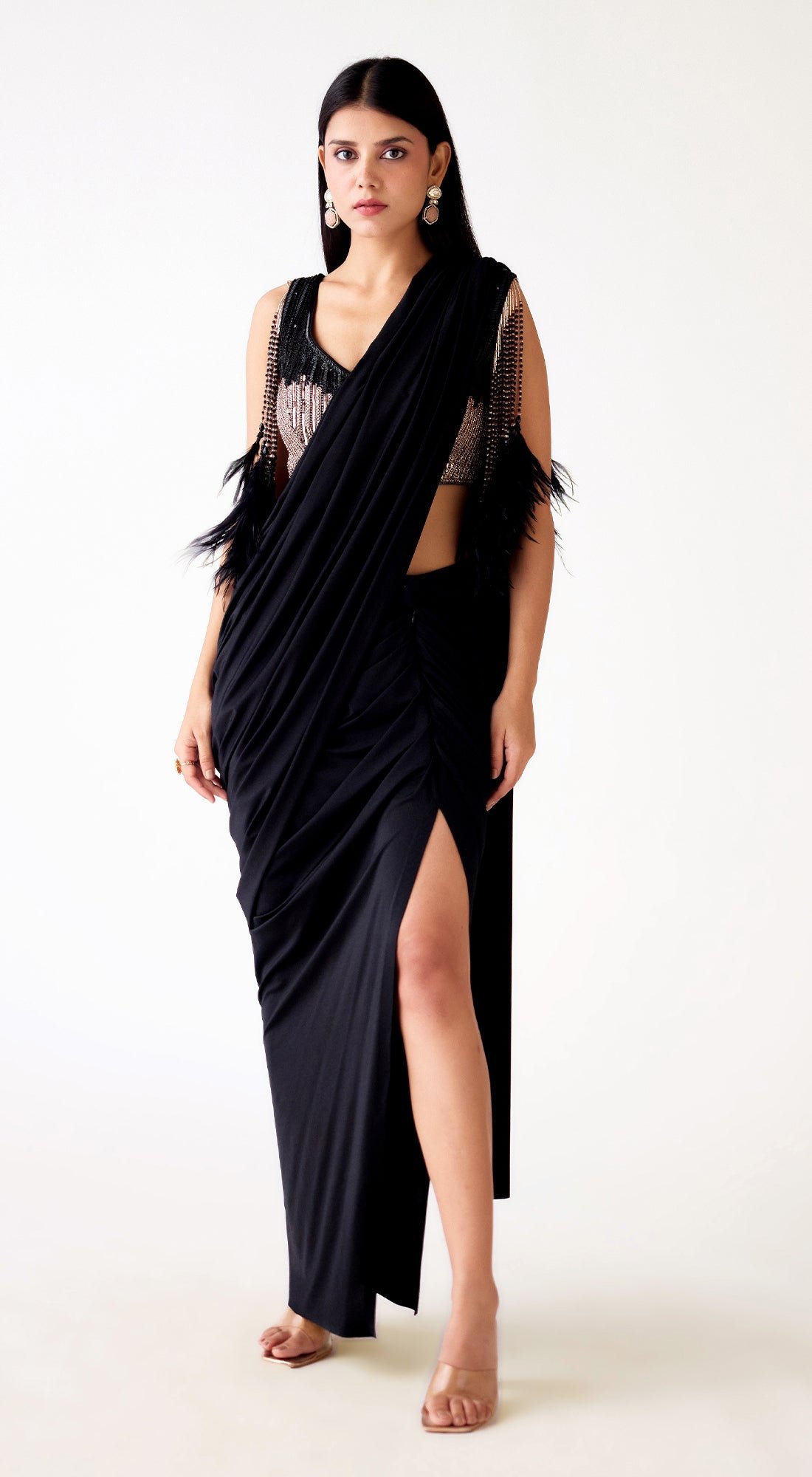 Satin Lycra Embroidered Slit Saree