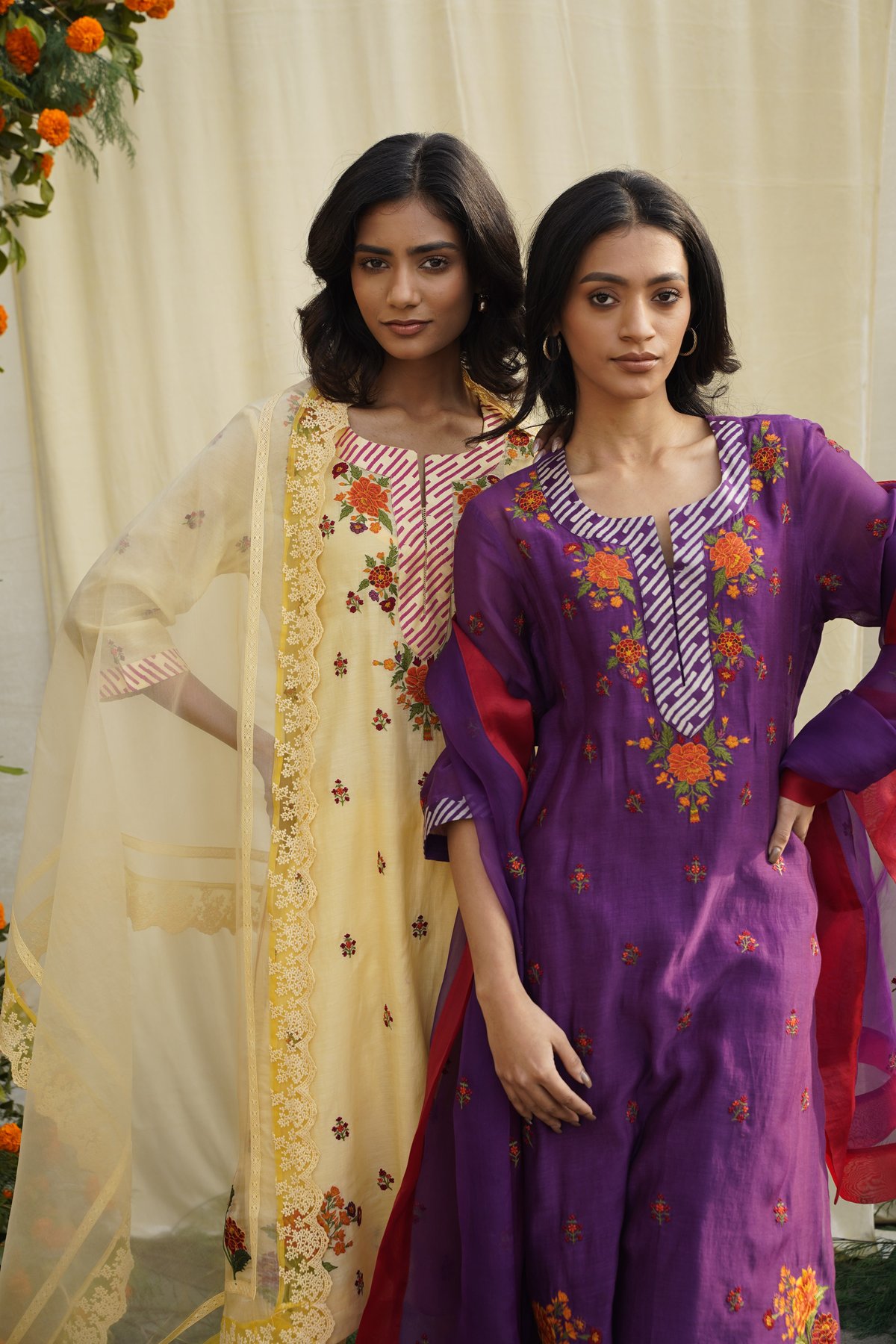 Purple Floral Embroidered Kurta Set