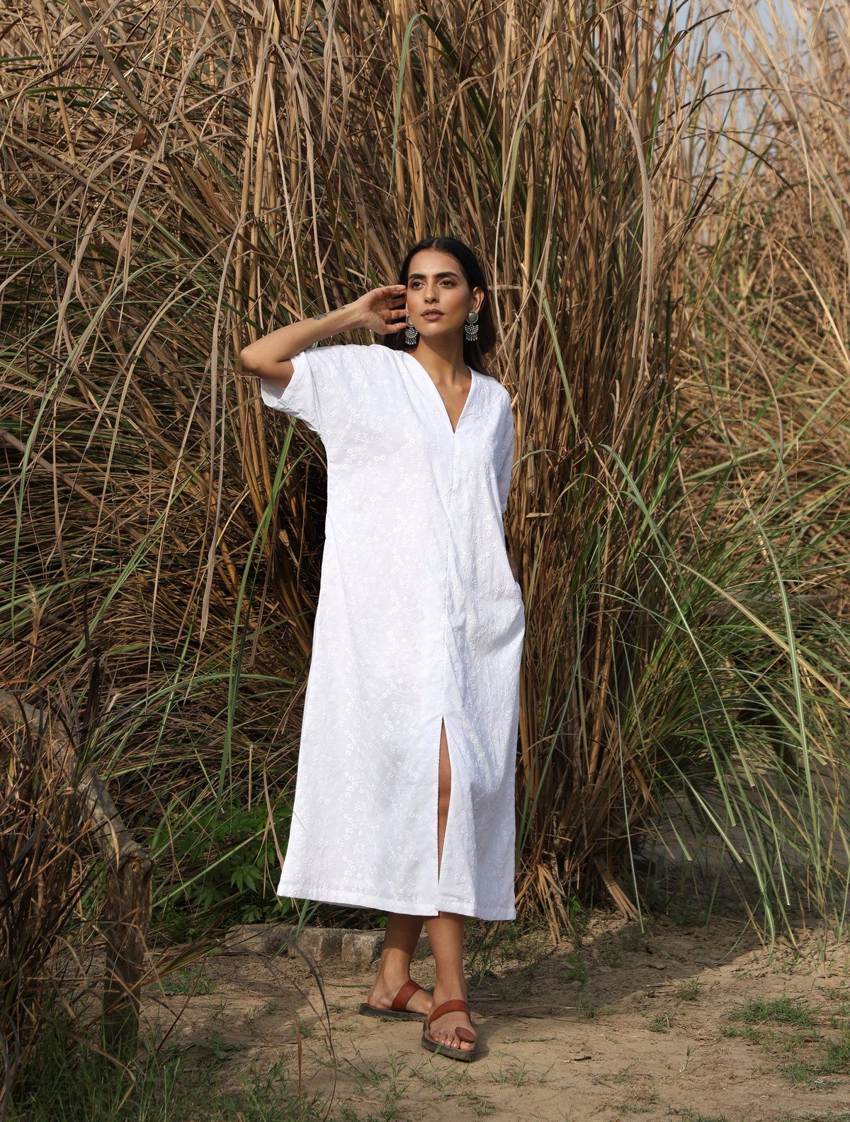 White Cotton Embroidered Front Slit Dress