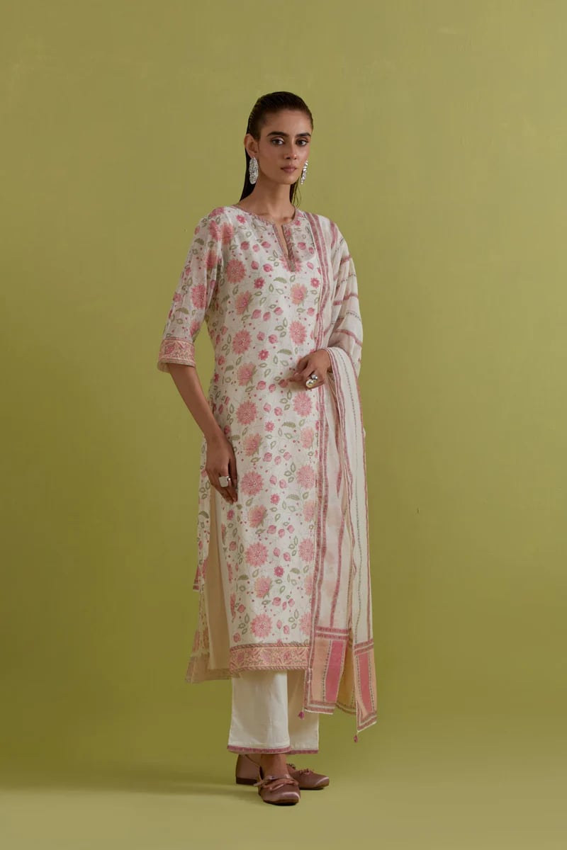 Off White Hand Block Printed Straight Kurta Set