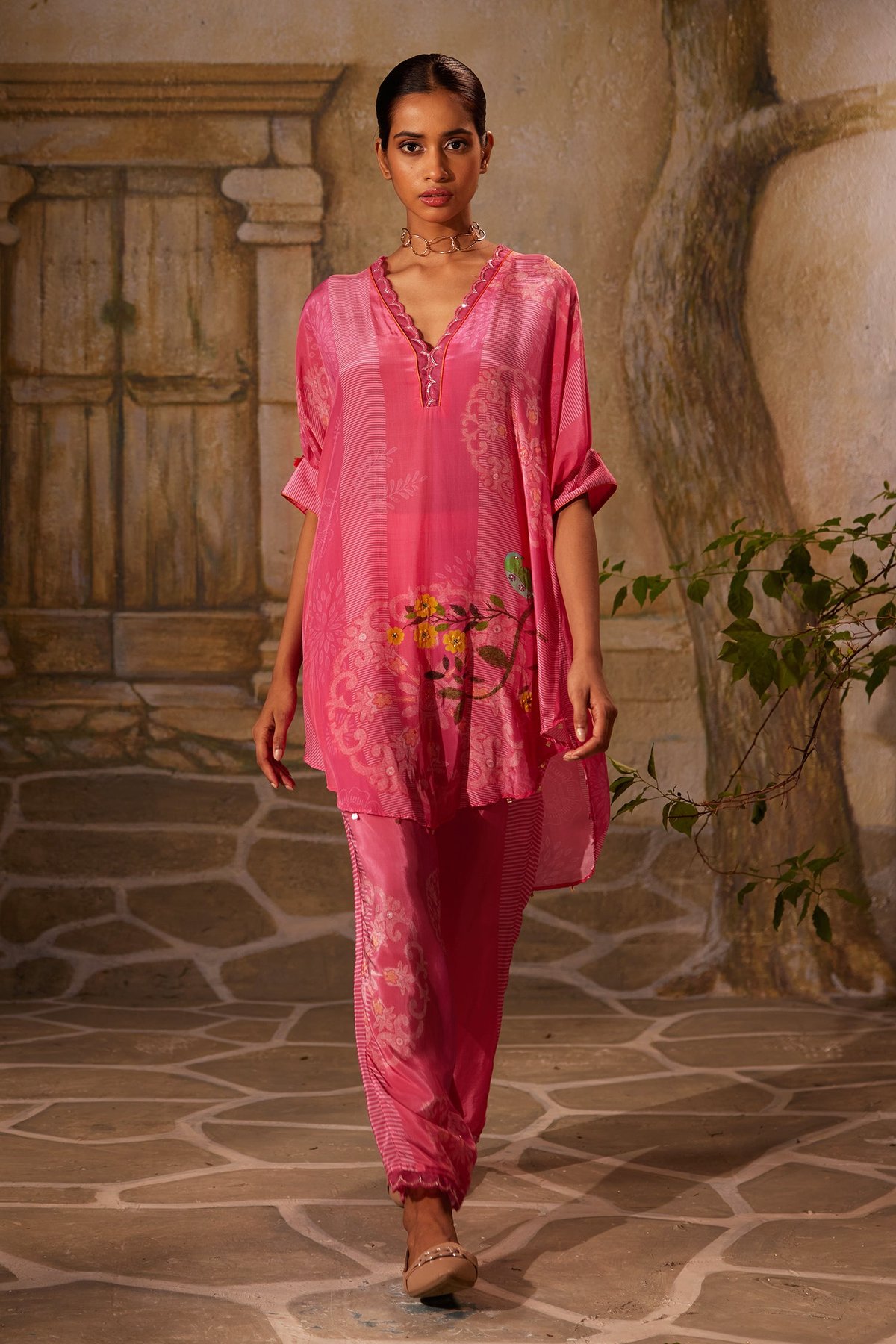 Pink Printed Tunic and Straight Pants Co-ord Set