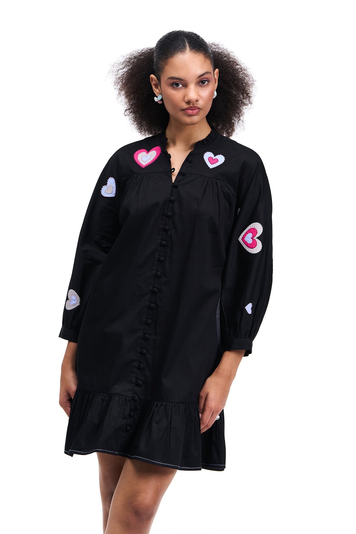 Black Cotton Satin Mini Shirt Dress with Heart Embroidery