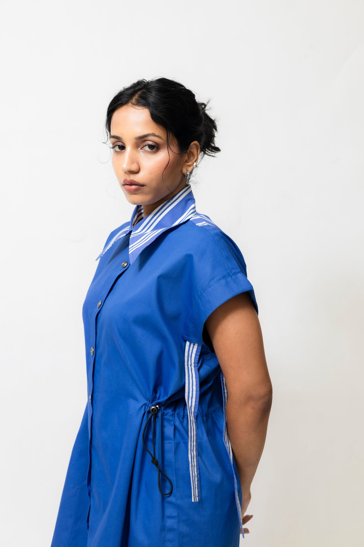 Blue Cotton Mini Shirt Dress with Adjustable Cinch Waist