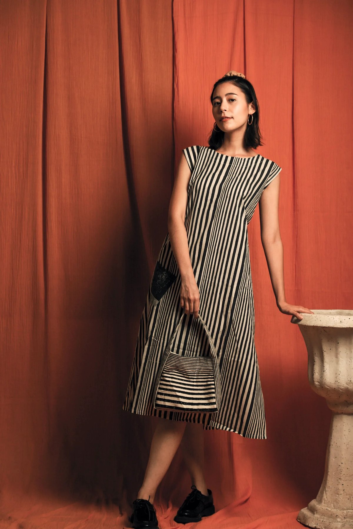 Black and White Striped Cotton Midi Dress