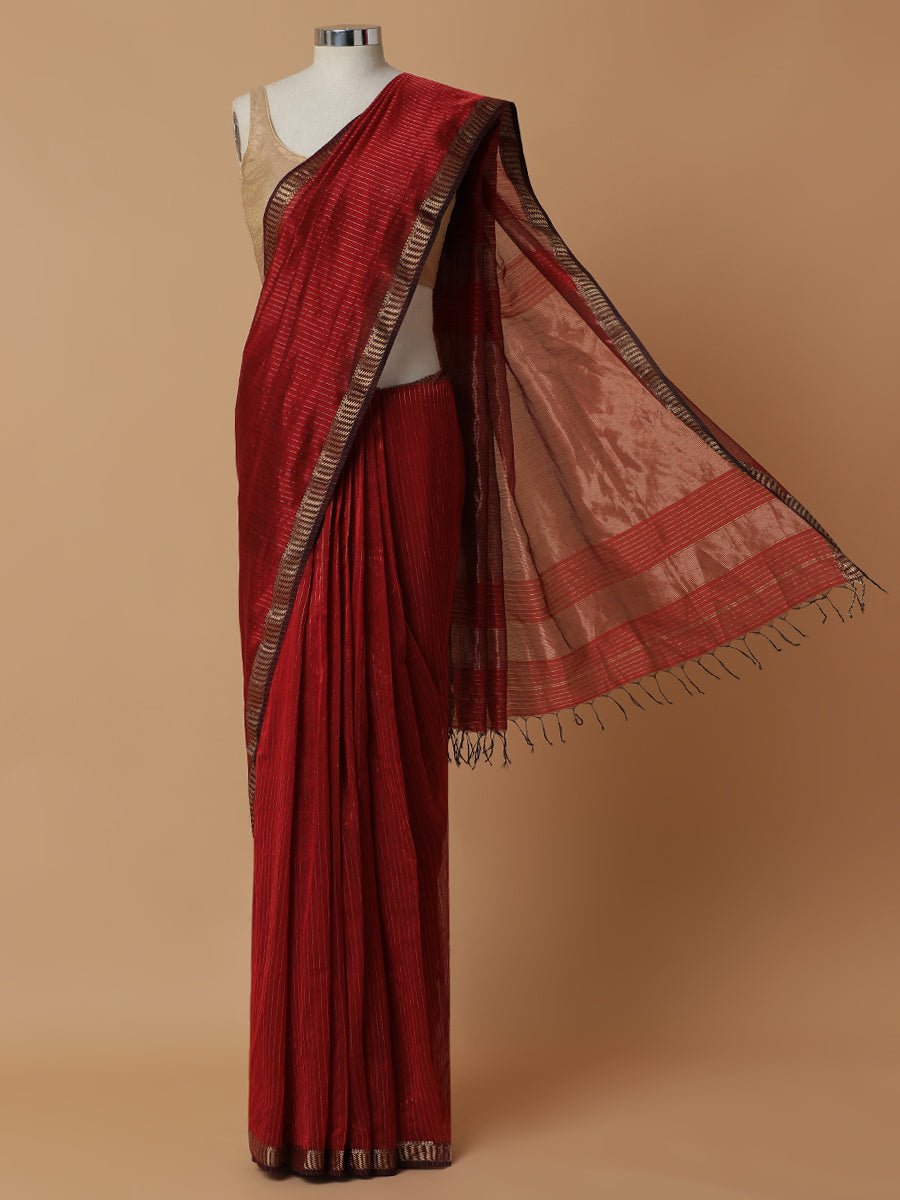 Maheshwari Cotton Silk Cherry Red Golden Zari