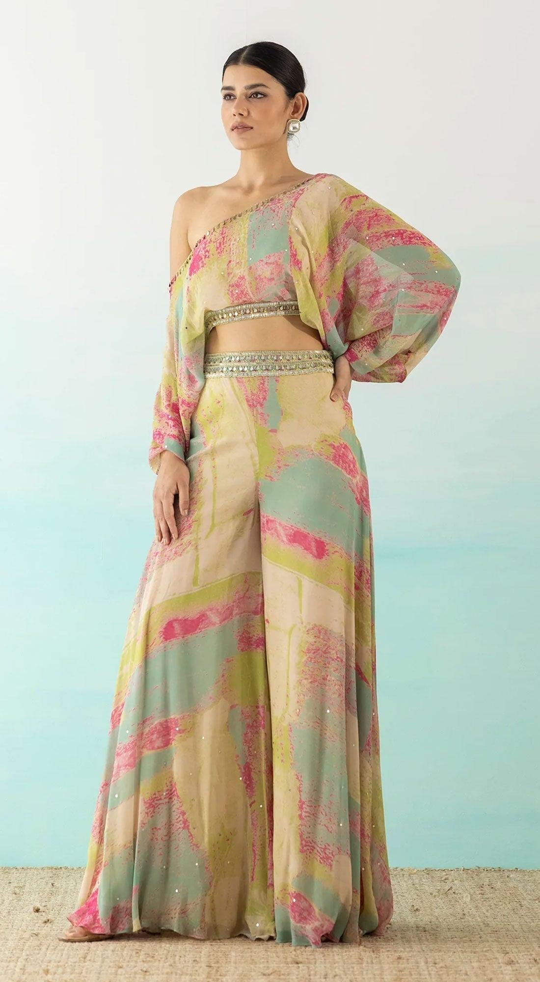 One Shoulder Crop Top And Palazzo Set