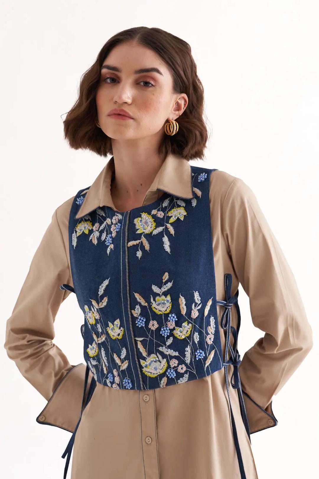 Denim Cropped Embroidered Zip-Front Jacket with Tie-Ups