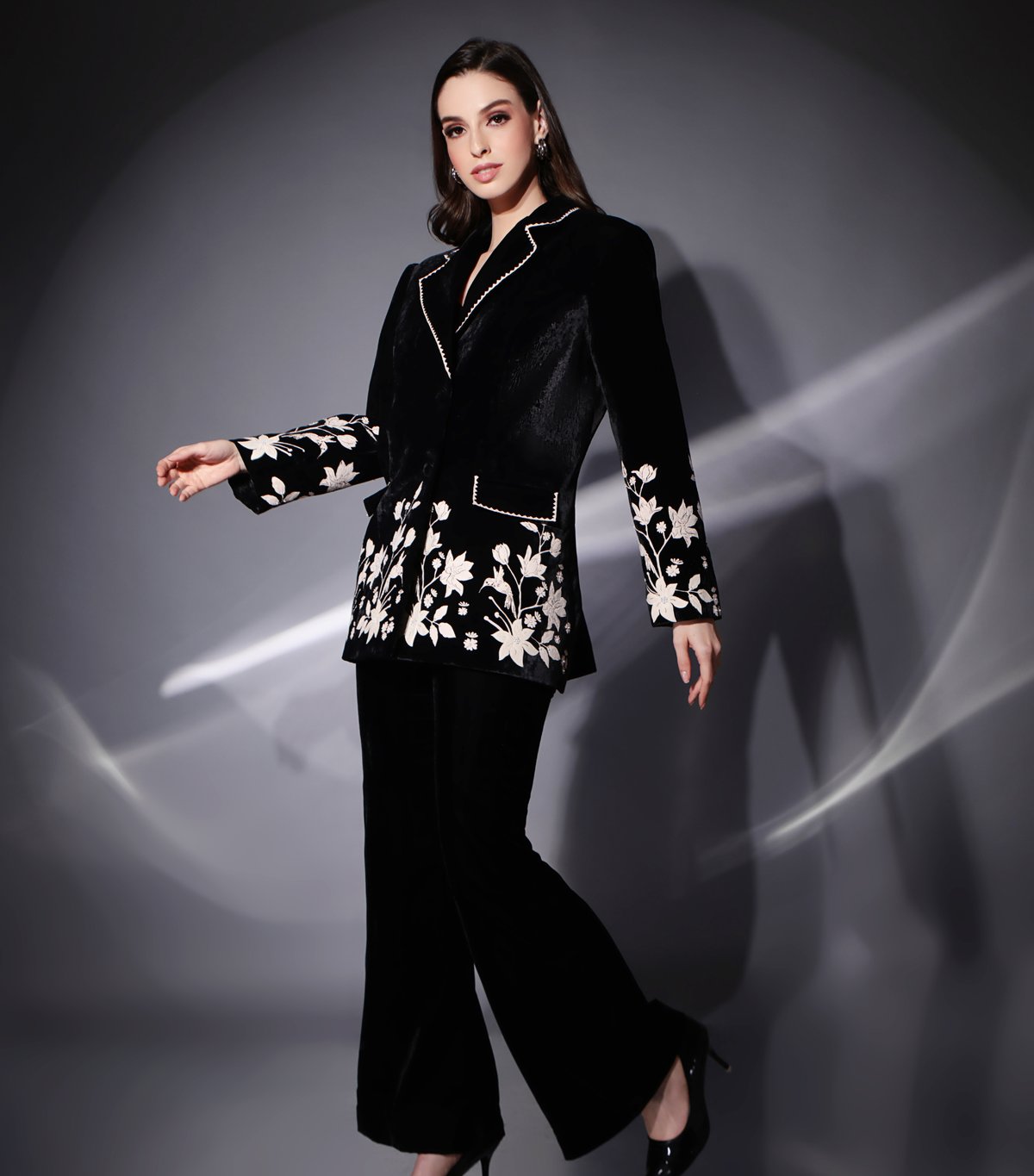 Black Velvet Blazer and Flared Pants Co-ord Set