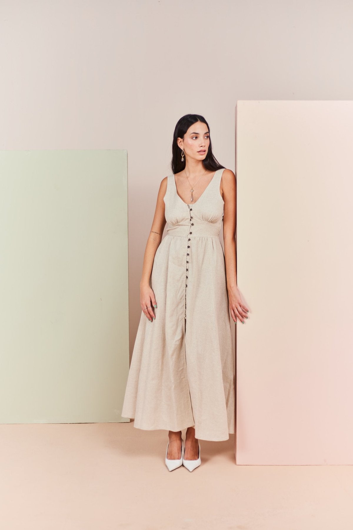 Light Beige Button-Front Backless Maxi Dress