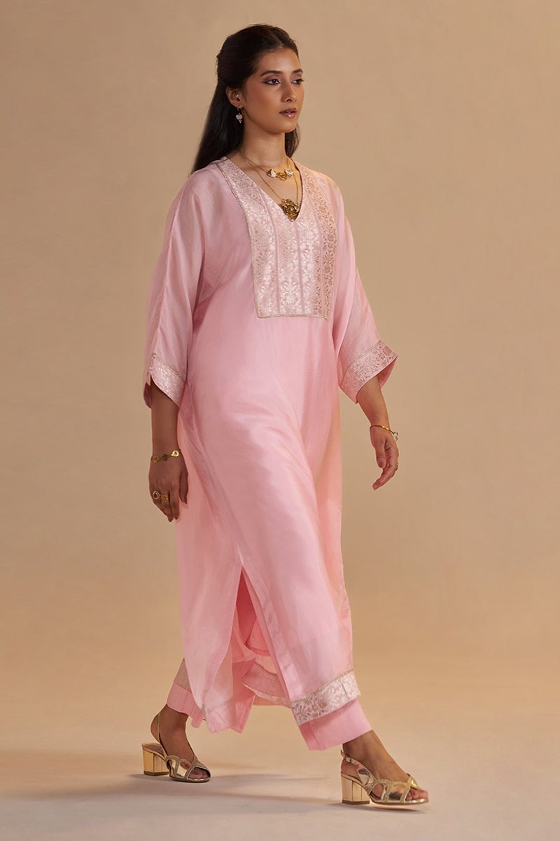 Blush Pink Silk Kaftaan Kurta Set with Woven Yoke