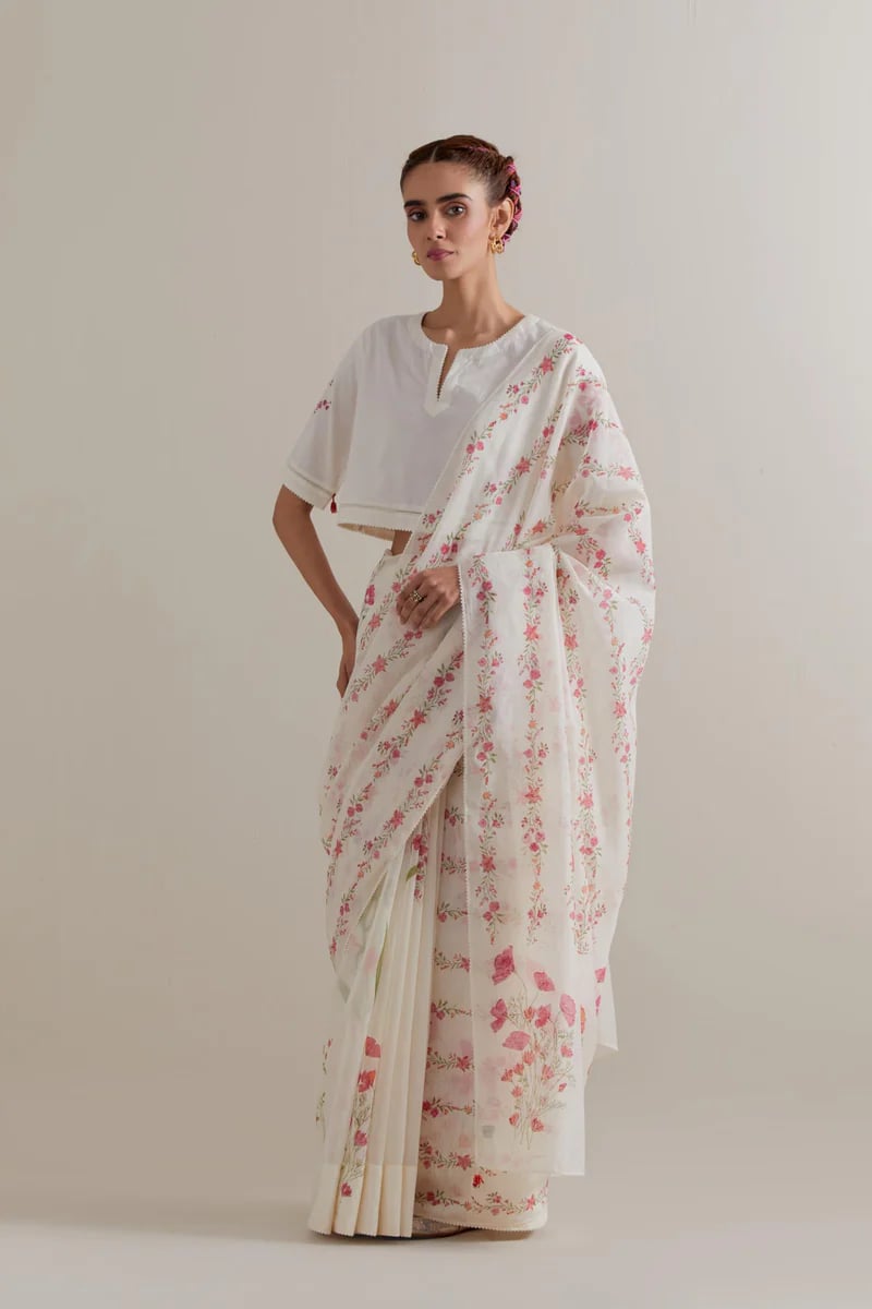 Off-White Floral Printed Cotton Chanderi Saree