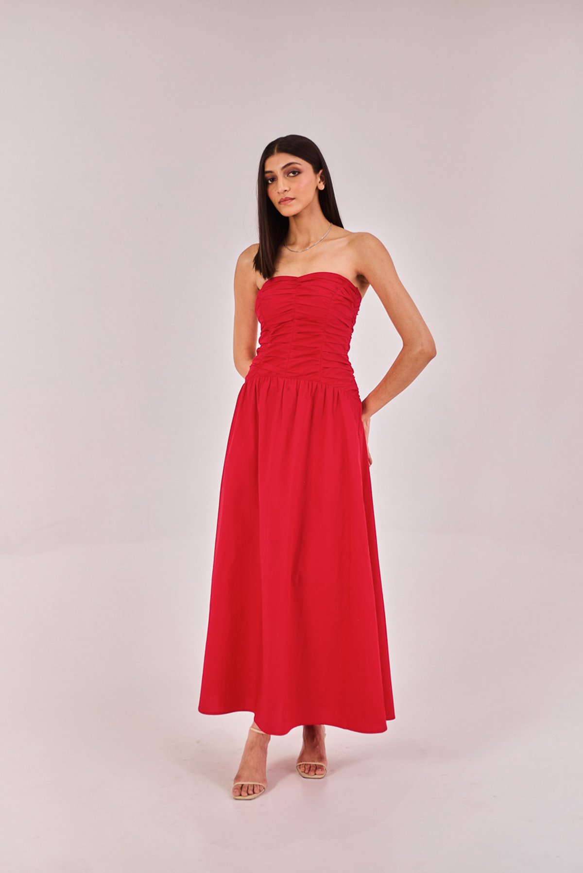 Red Strapless Ruched Fit and Flare Midi Dress