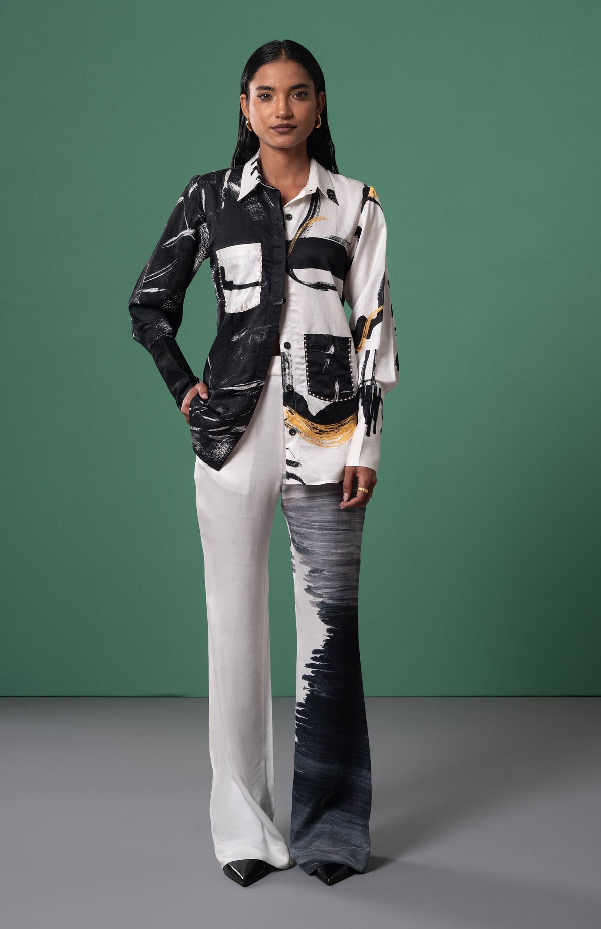 Black and White Abstract Printed Shirt with Pearl Pockets
