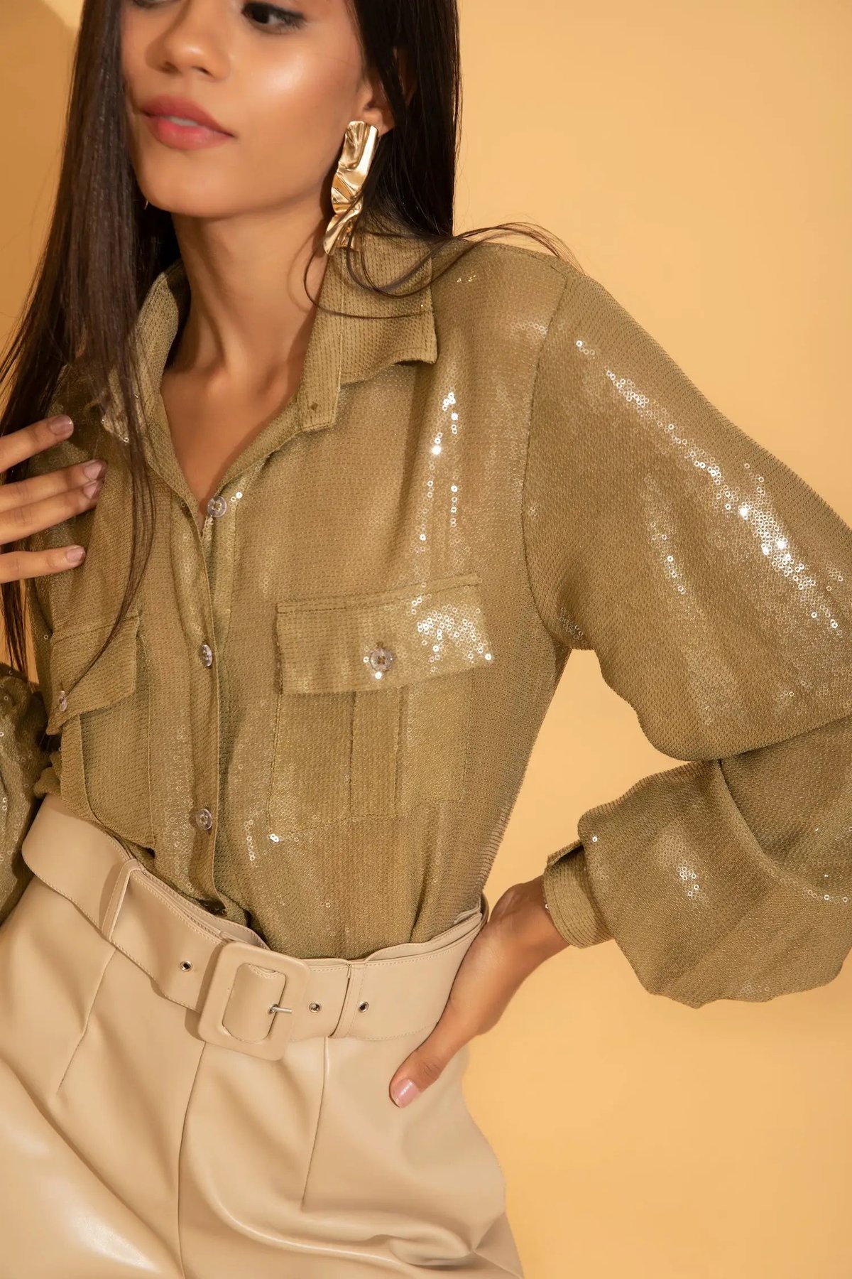 Tea Green All-Over Sequin Button-Down Shirt