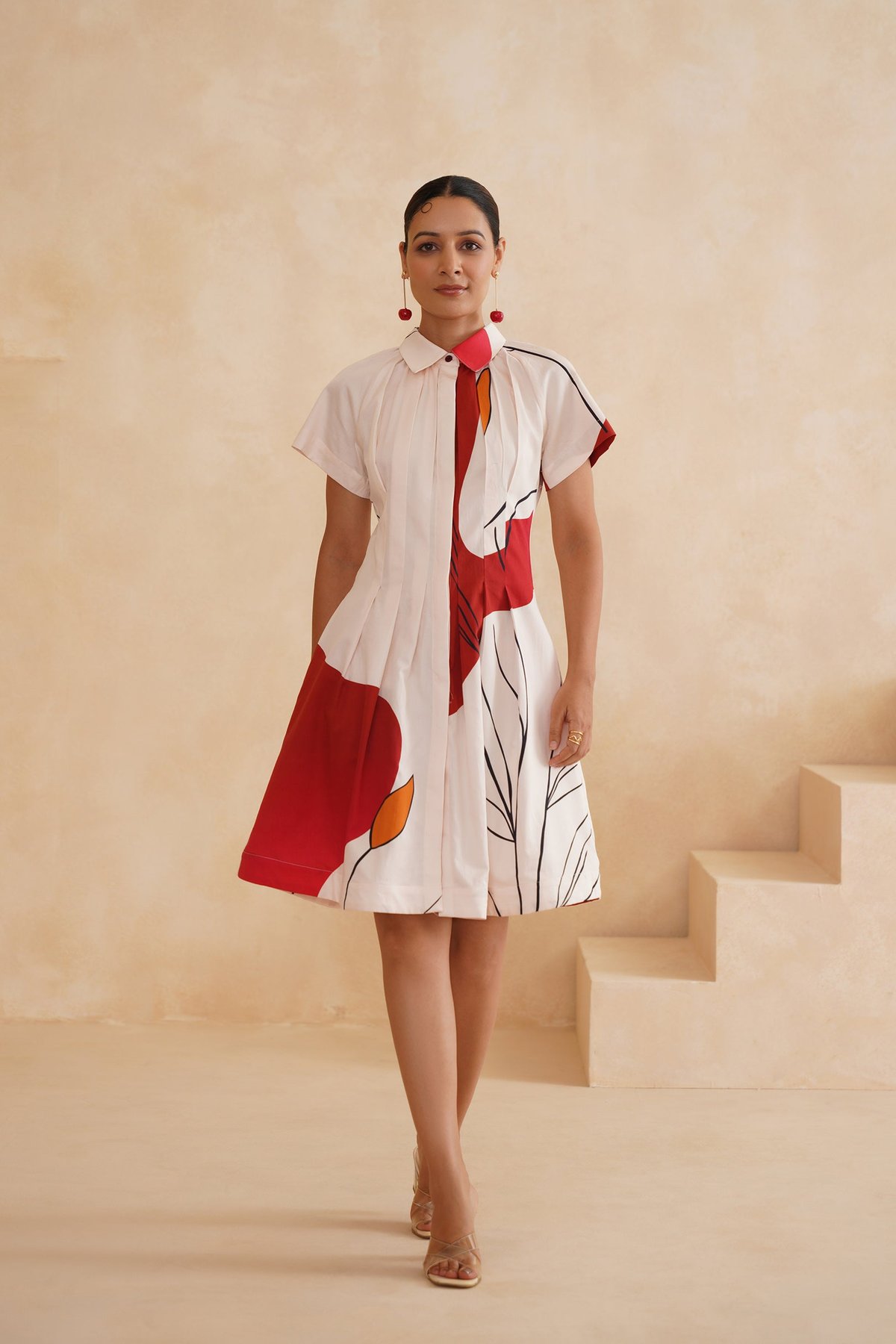 White/Red Abstract Print Mini Shirt Dress