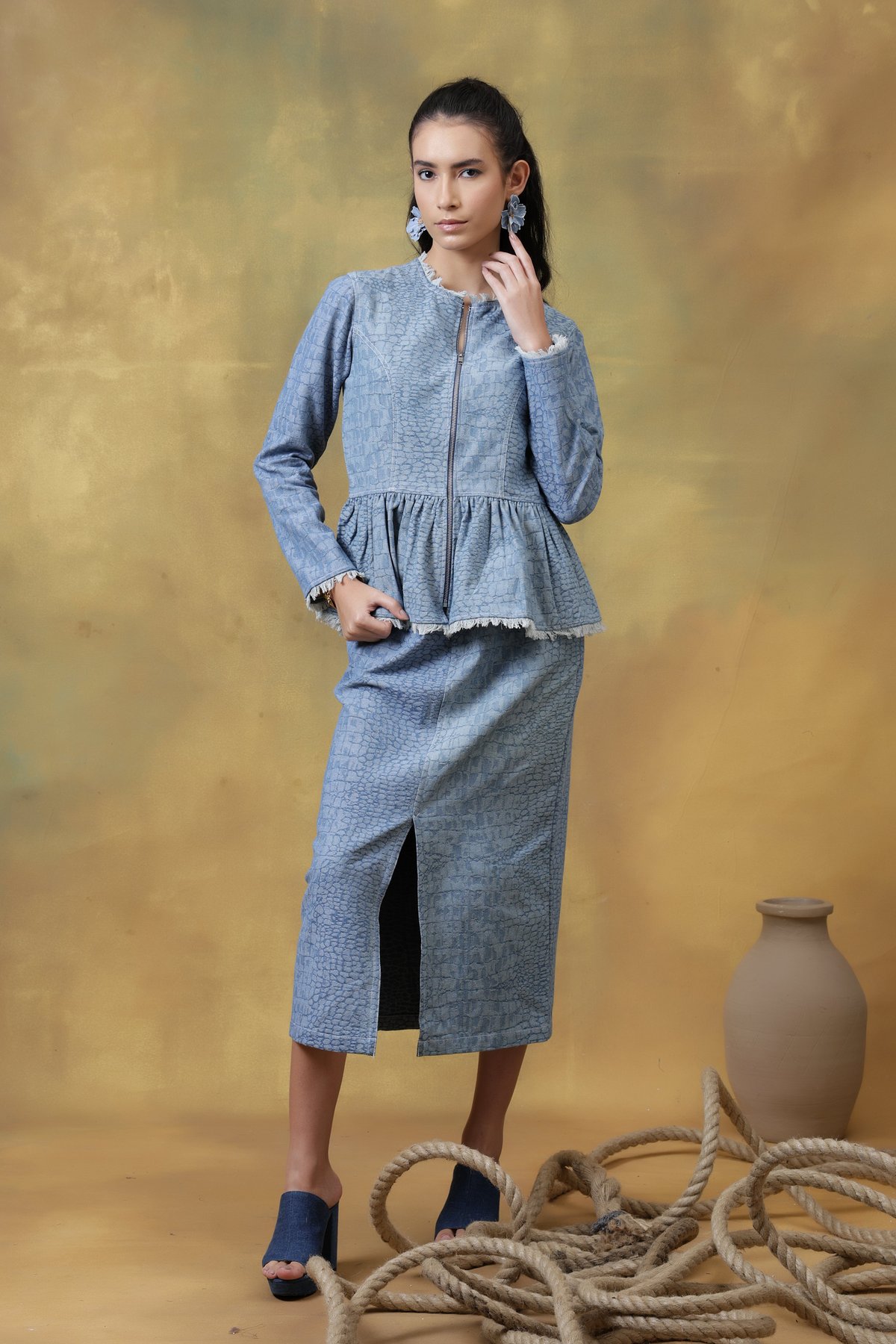 Blue Croc-Textured Denim High-Waist Pencil Maxi Skirt