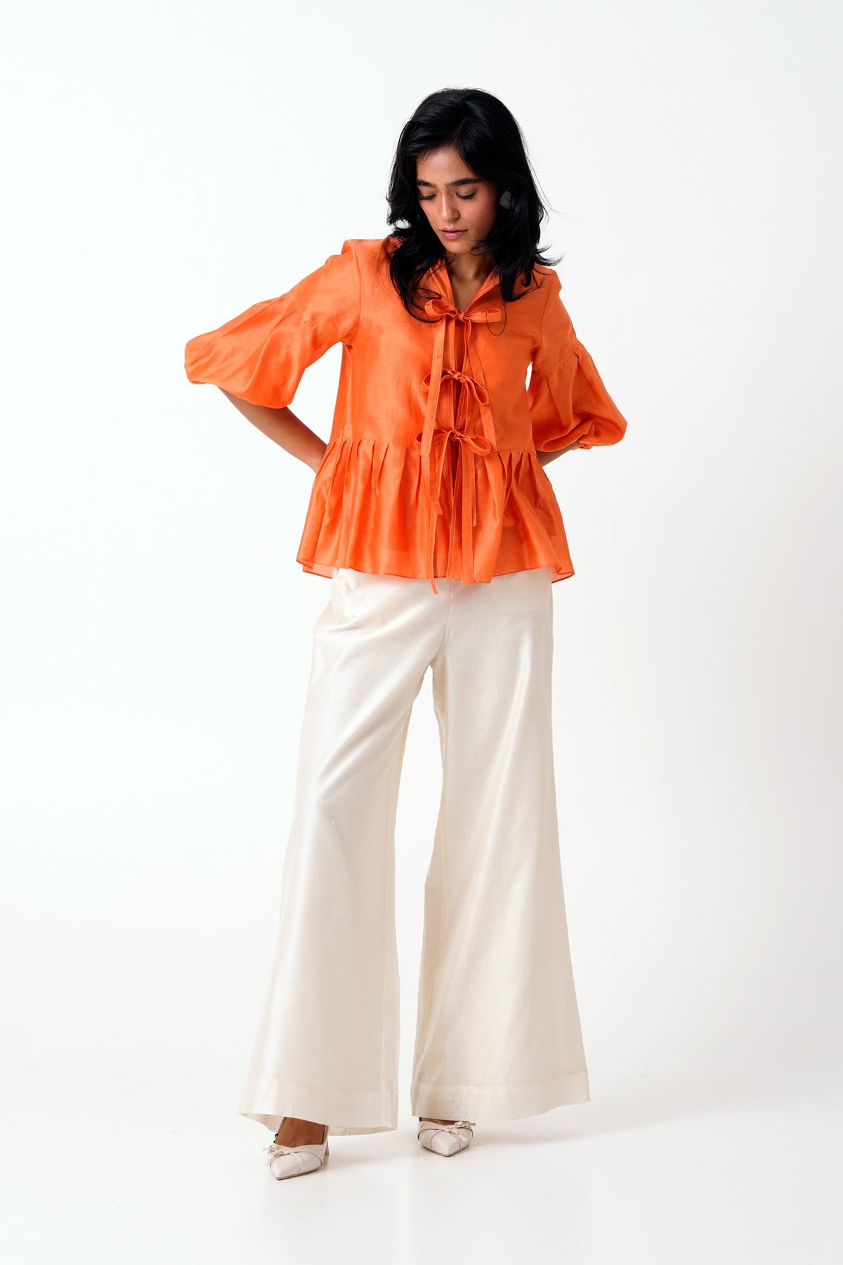 Sunset Orange Tie-Up Peplum Top and Ivory Pants Co-ord Set