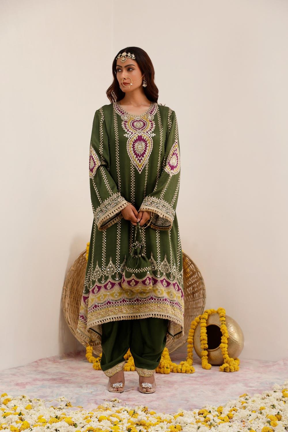 Olive Green Printed A-Line Kurta Set with Dhoti Pants