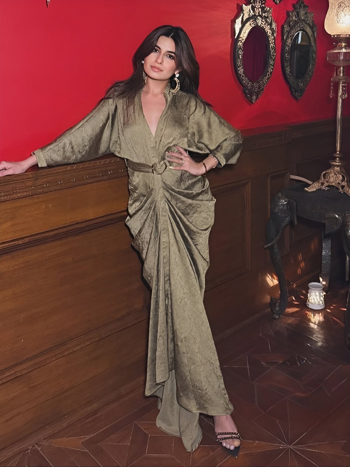Olive Satin-Blend Draped Maxi Gown with Belt
