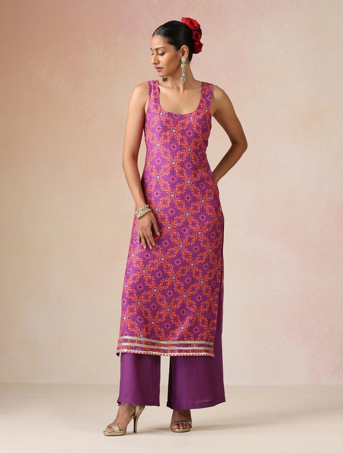 Purple Orange Jaal Print Viscose Sleeveless Straight Kurta Set