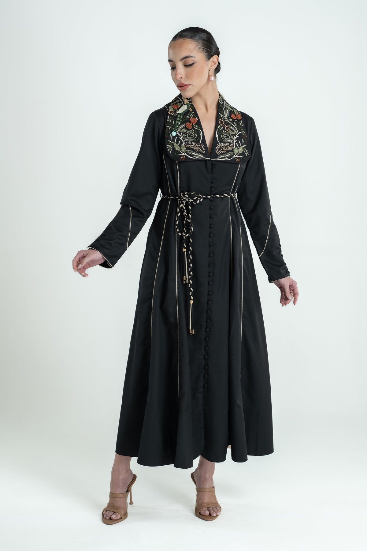 Black Fit and Flare Maxi Dress with Embroidered Collar