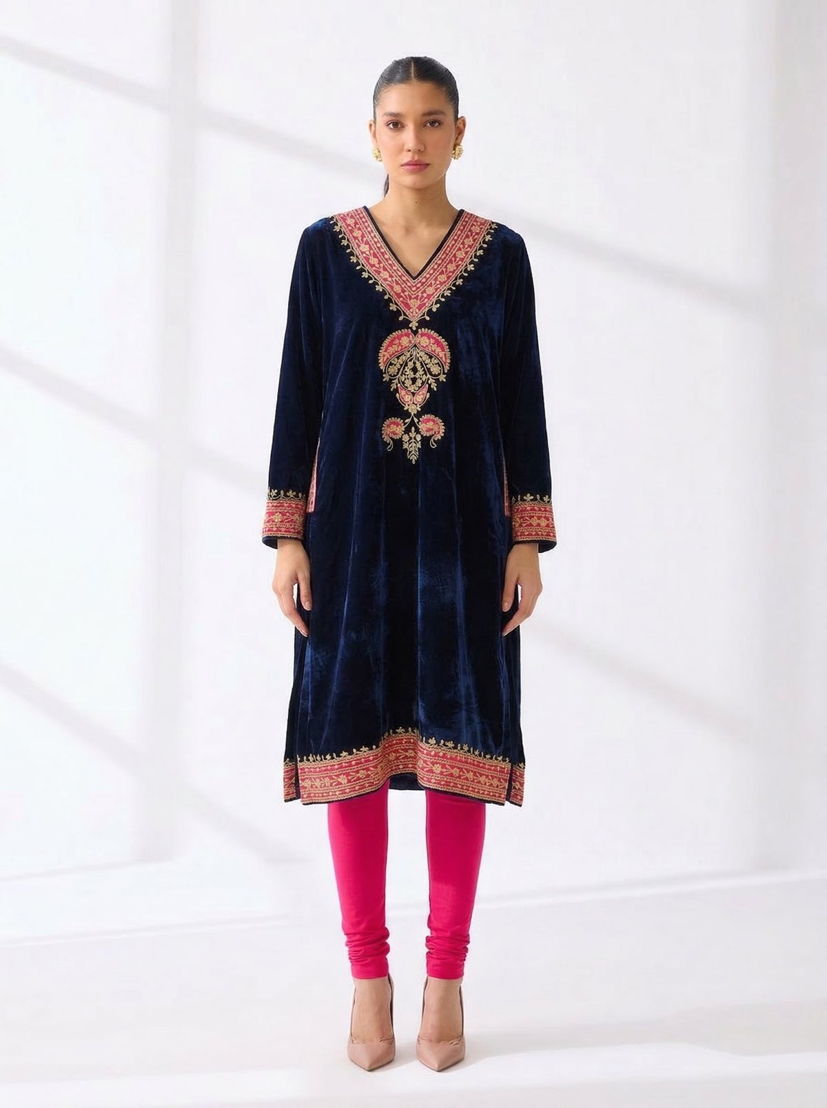Navy Blue Velvet Embroidered V-Neck Kurta Set