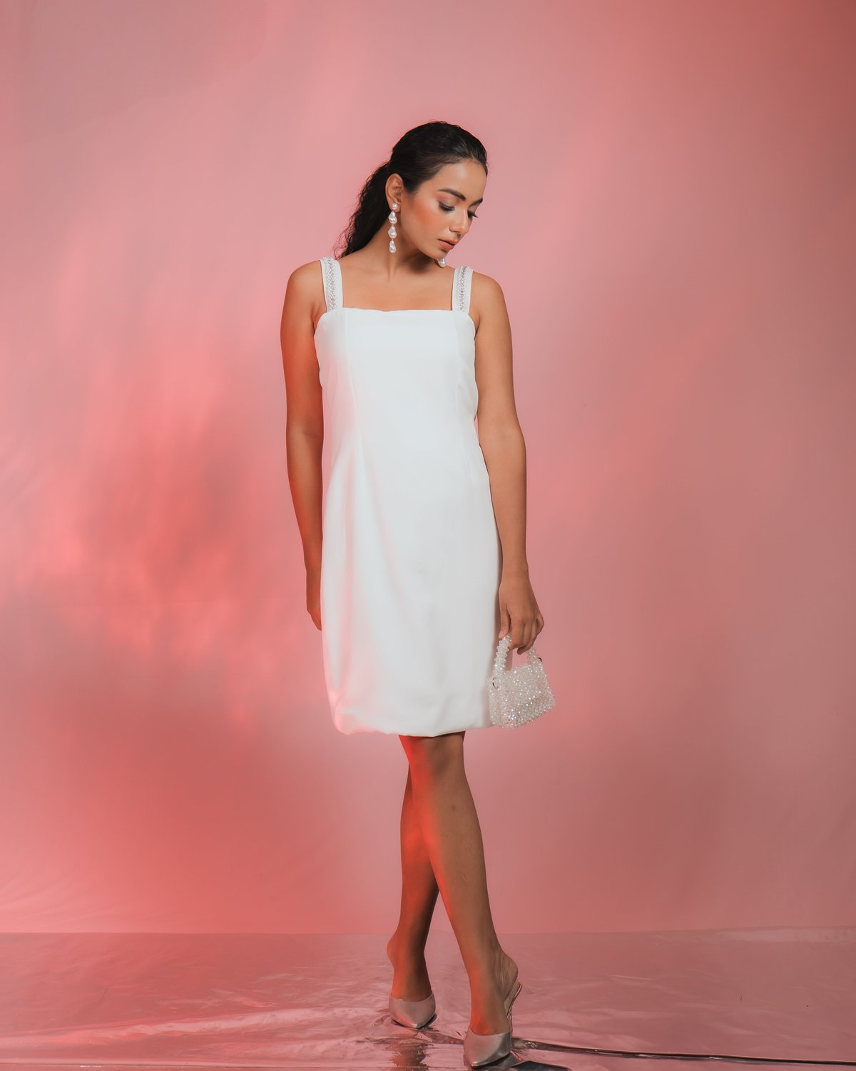 Ivory Crepe Sheath Dress with Embellished Straps