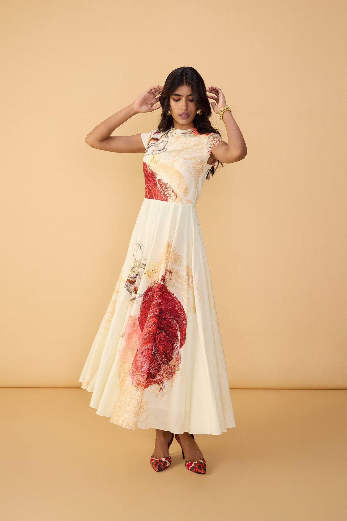 Abstract Print High-Neck Fit and Flare Maxi Dress