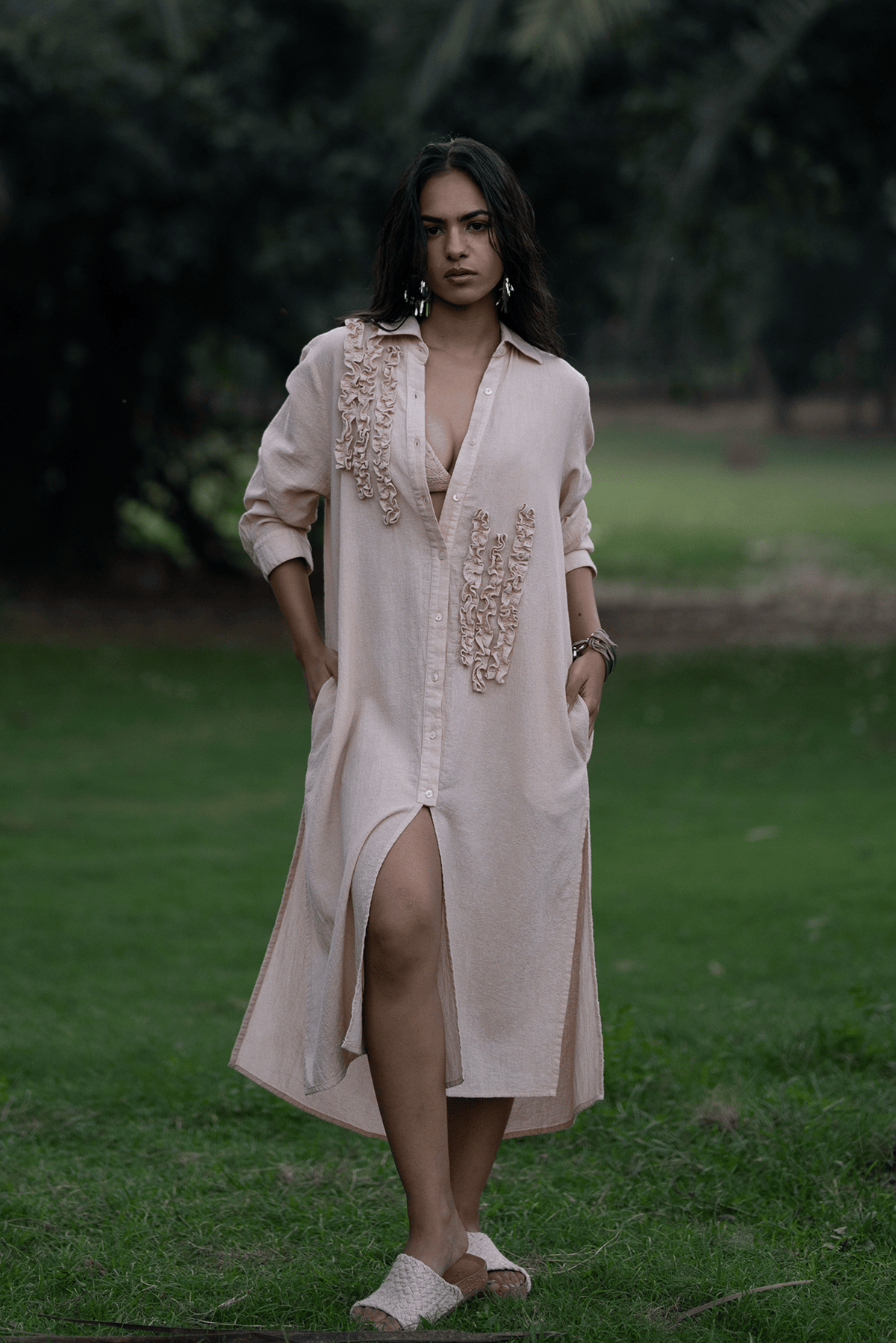Beige Cotton Gauze Button-Down Midi Shirt Dress