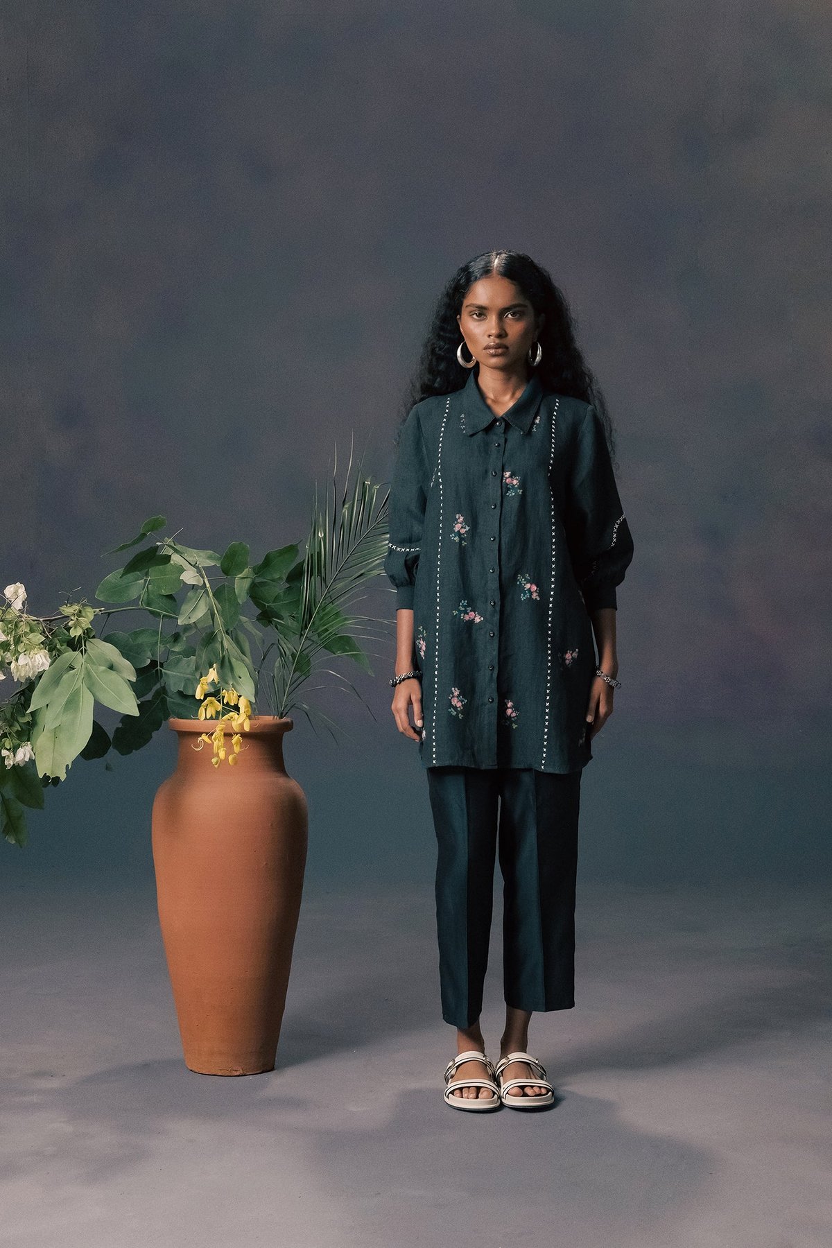 Indigo Rose Print Shirt & Pants In Silk Chanderi
